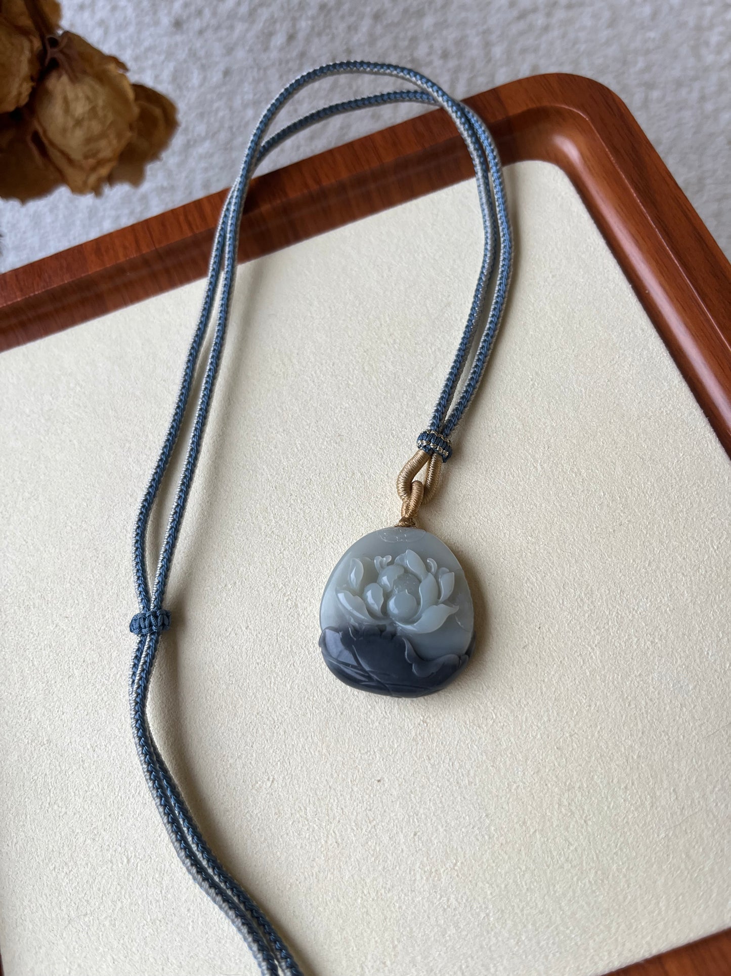 Hand Carved Hetian Jade Gray and White Lotus Pendant | 和田青花荷花牌