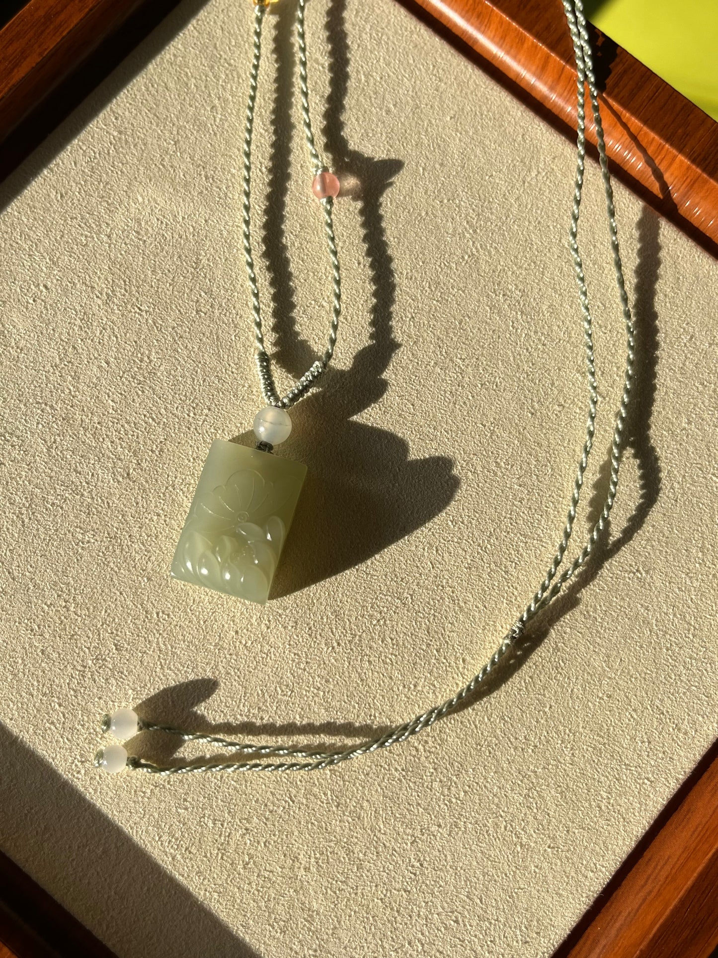 Necklace Crafted from Hand Carved Hetian Jade Lotus | 和田微带翠荷花牌