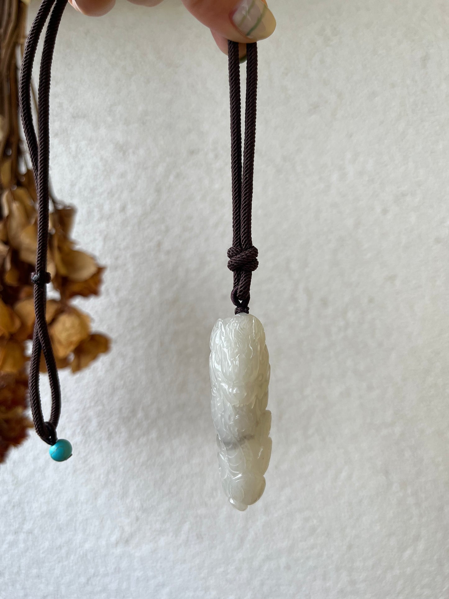 Hand Carved Icy Gray Hetian Jade Dragon Pendant | 手雕和田玉龙牌