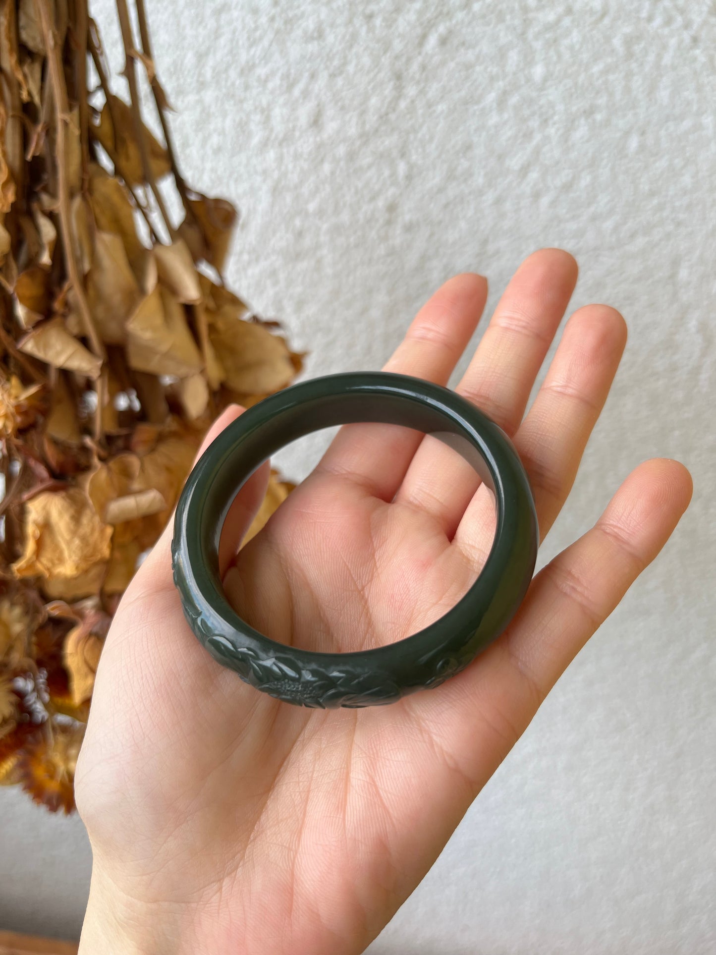 Dark Green Peony Flower Carving Bangle 53mm | 和田深湖水绿牡丹镯