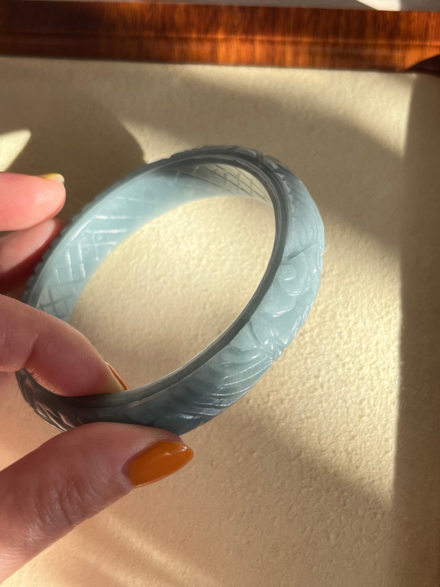 Sky Blue Jadeite Carved Bangle 60mm, Phoenix Motif | 天空蓝翡翠凤凰雕刻手镯