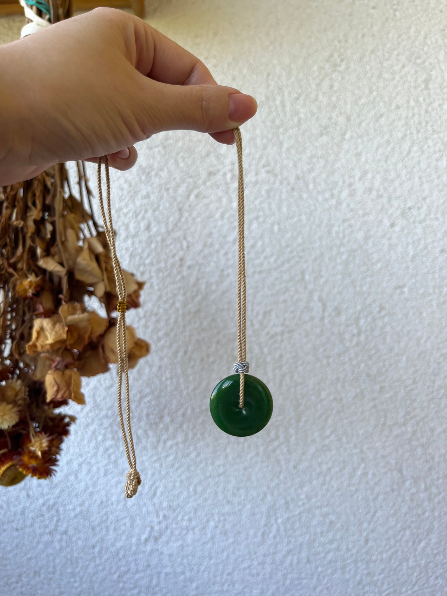 Green Hetian Jade Peace Buckle (Ping An Kou) Necklace, 碧玉平安扣
