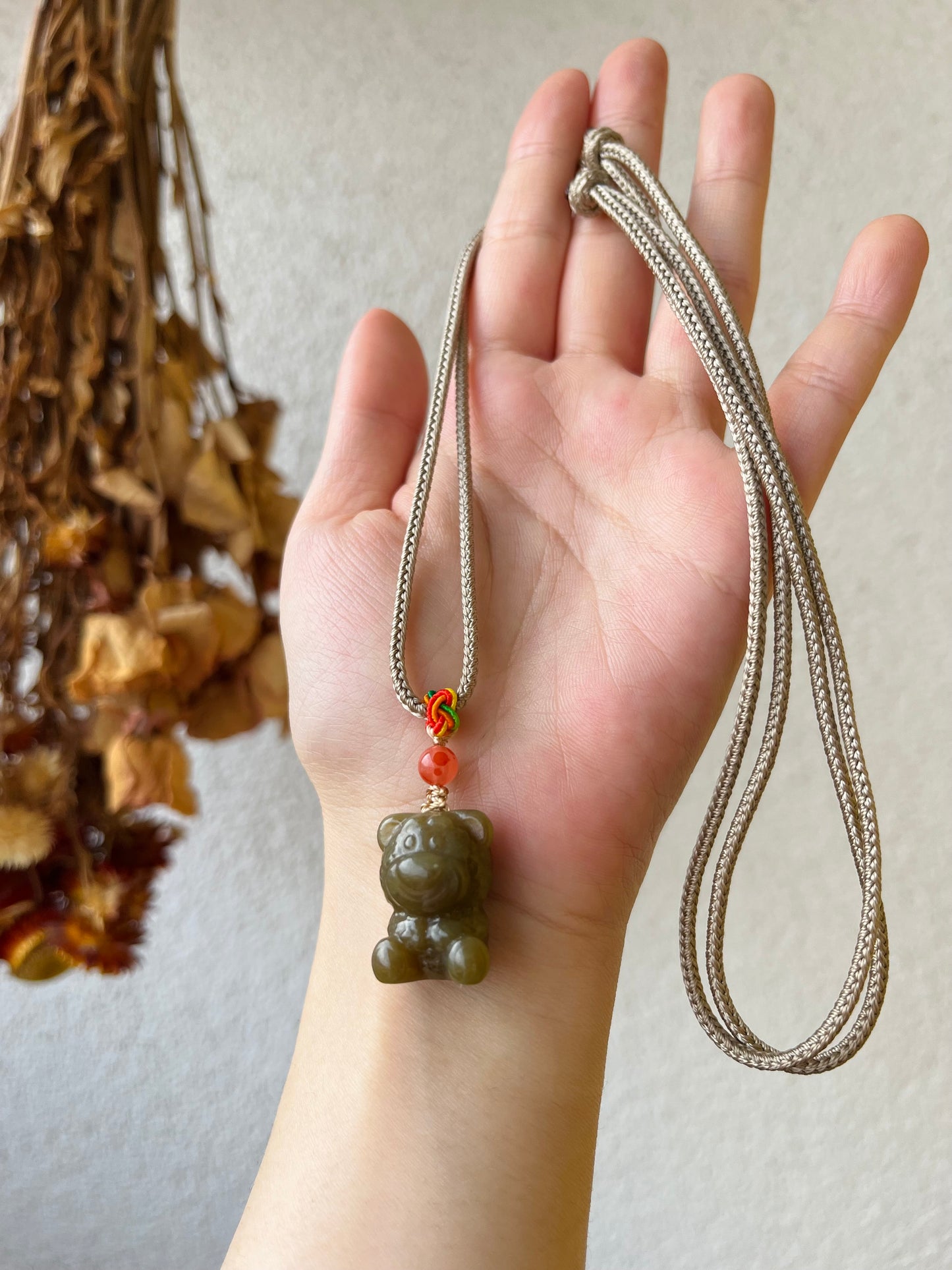 Handmade Necklace with a Carved Hetian Brown Jade Bear Pendant
