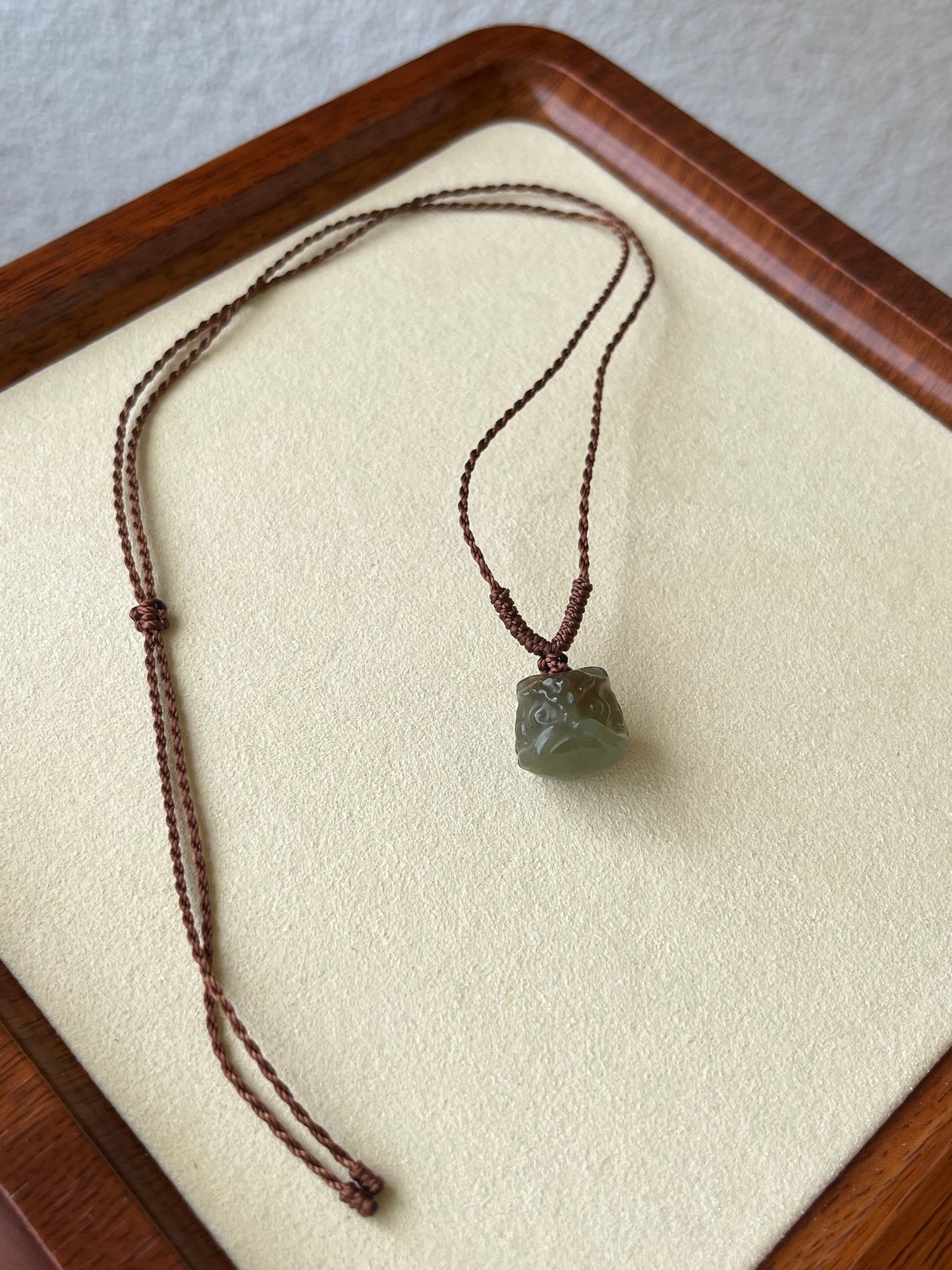 Cute Blue and Brown Hetian Jade Lion Dance Head Necklace