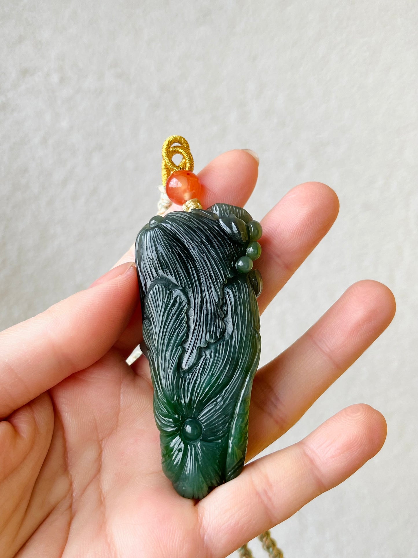 Hand Carved Green Hetian Jade Fish and Lotus Pendant, 手雕碧玉荷花鱼手把件