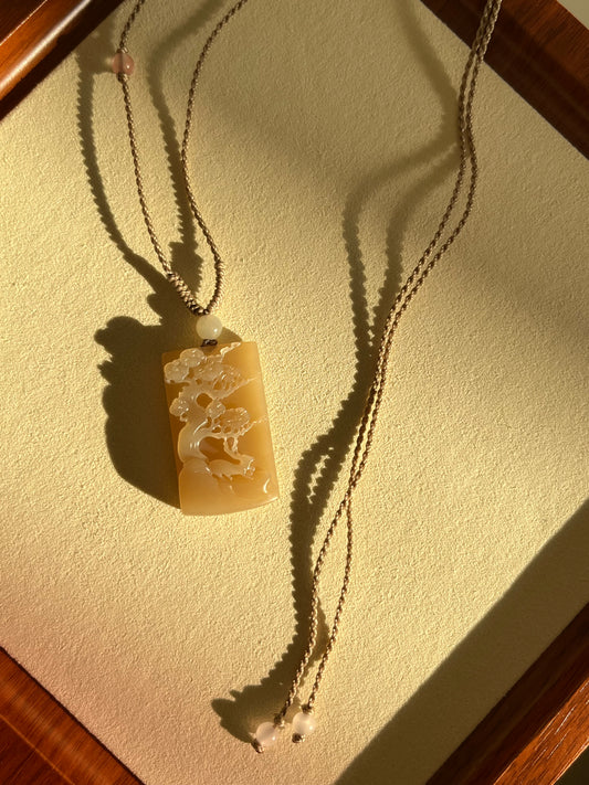 Hand Carved Brown Hetian Jade Deer and Plum Blossom Pendant | 手雕和田梅花和鹿山水牌