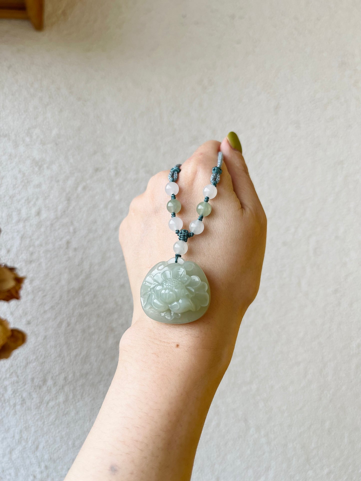 Hand Carved Hetian Jade Peony Flower Ruyi Blessing Lock Pendant, 和田且末奶蓝手雕牡丹如意锁吊坠