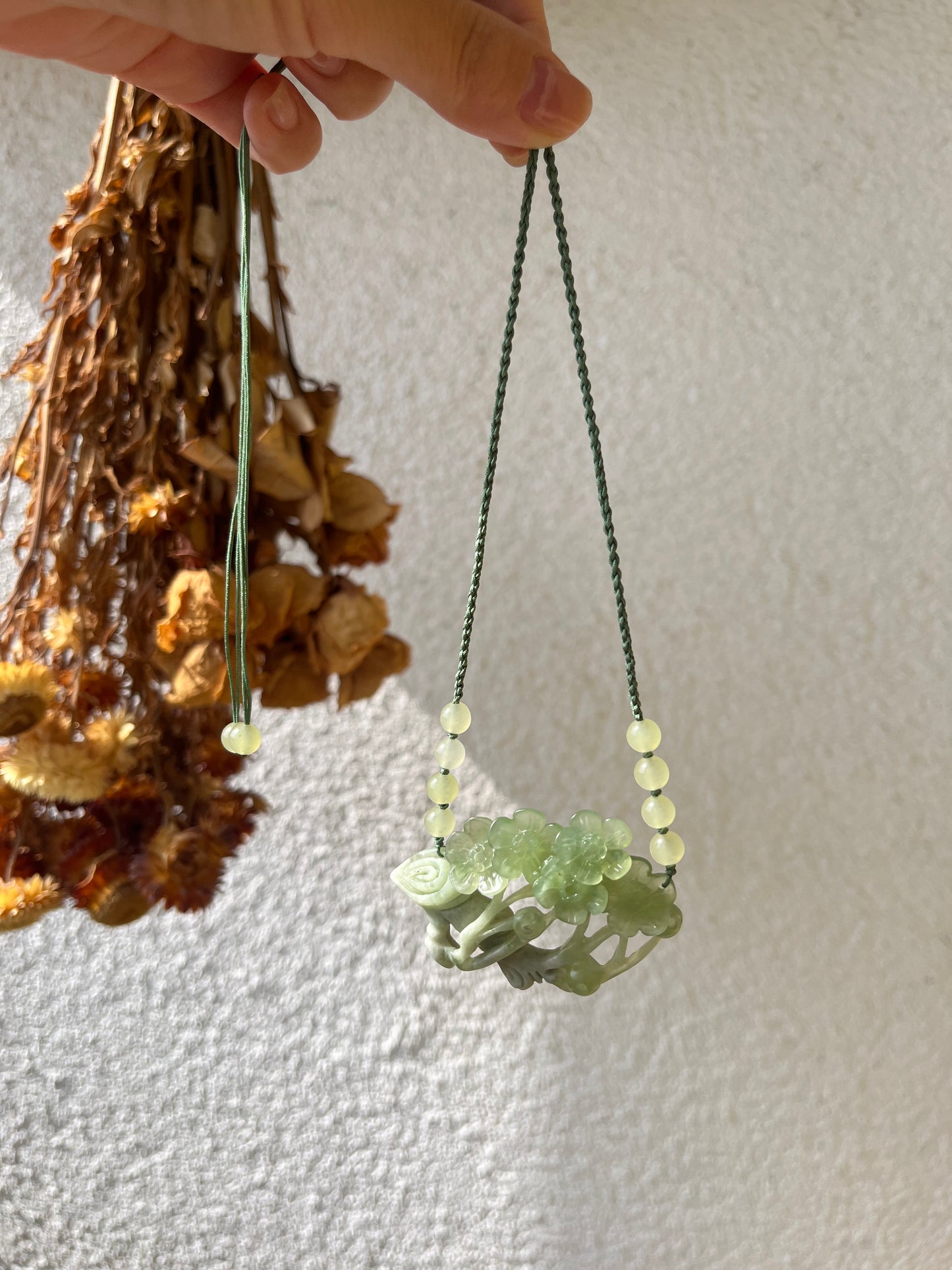 Hand Carved Green Xiu Jade Plum Blossom