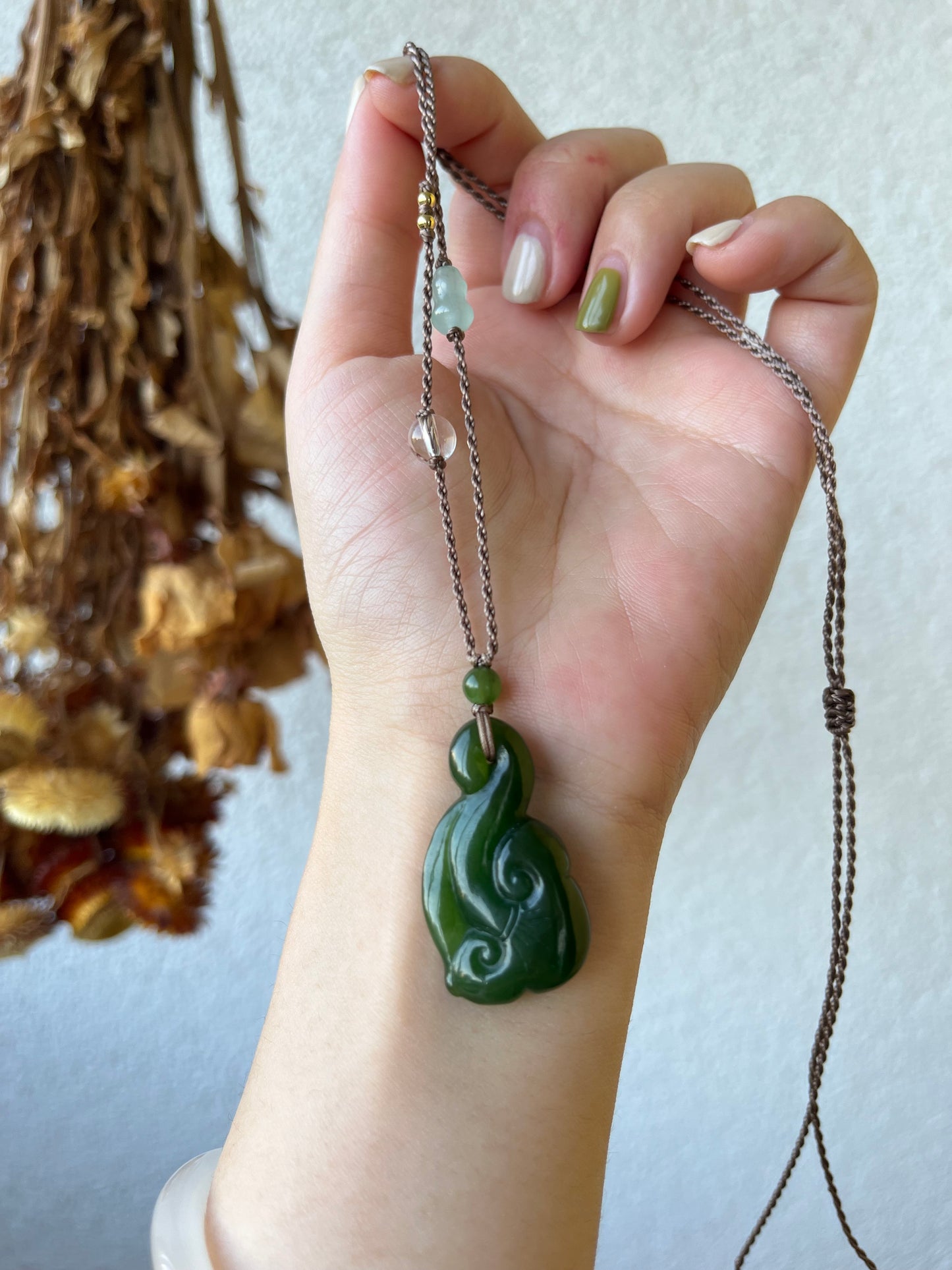 Hand Carved Green Hetian Jade Ruyi Pendant | 老矿碧玉小如意