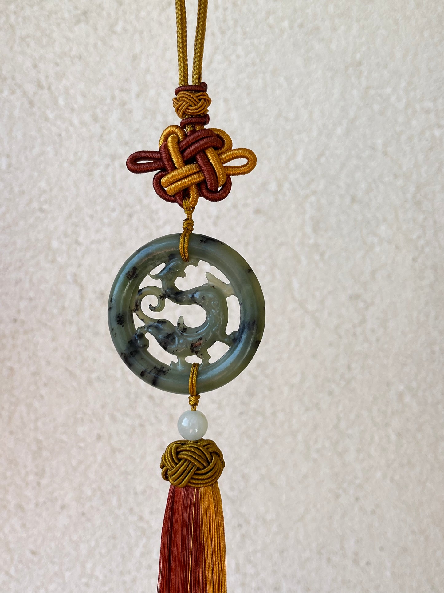 Carved Hetian Jade Chi Dragon Car Hanging,  和田青花螭龙车挂