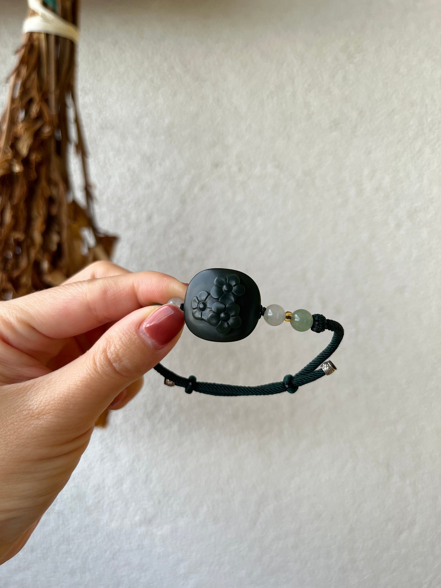 Hand Carved Premium Dark Green (Cyan) Hetian Jade Plum Blossom Set  | 手雕和田青玉一细梅花锁骨，手牌