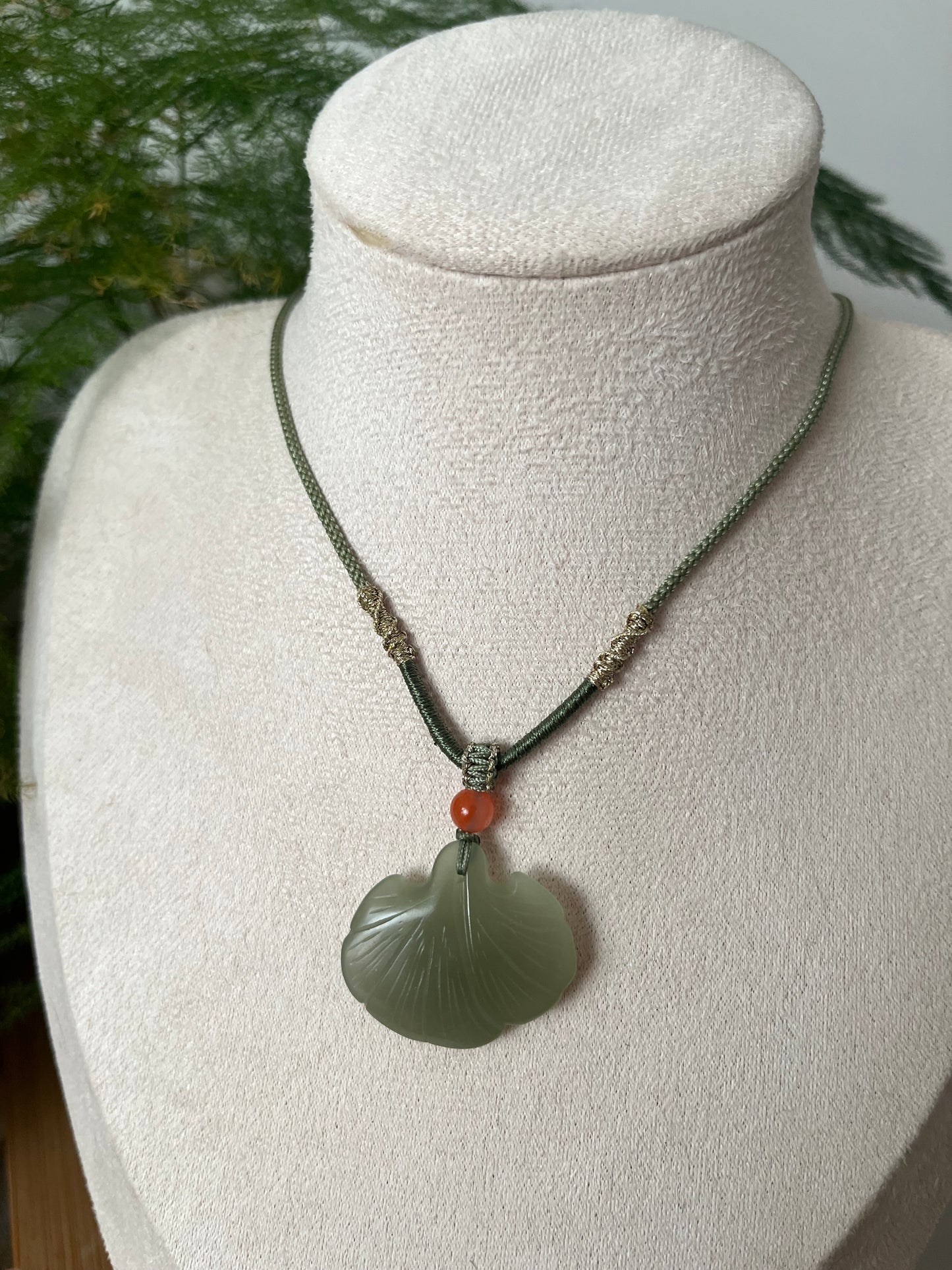 Hand Carved Green Hetian Jade Ginkgo Leaf