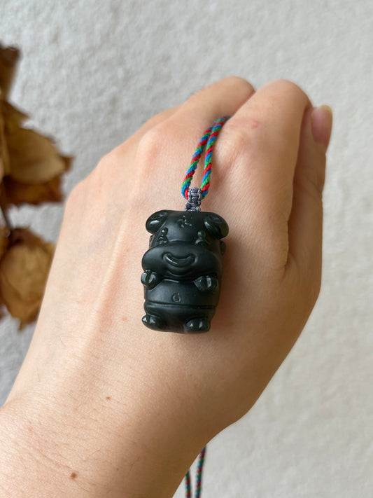 3D Carving Dark Cyan Hetian Jade Bull Pendant | 和田青玉小牛