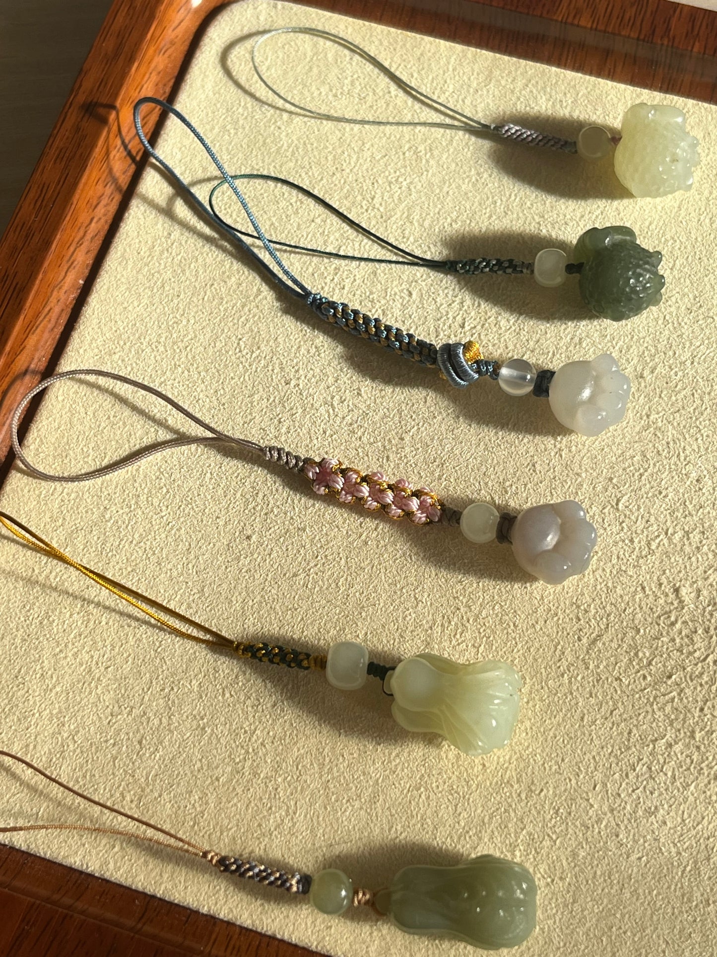 Handmade Cute Phone / Bag Charms with Carved Hetian Jade Pendants