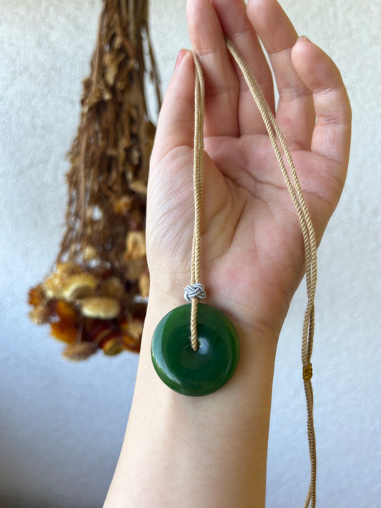 Green Hetian Jade Peace Buckle (Ping An Kou) Necklace, 碧玉平安扣