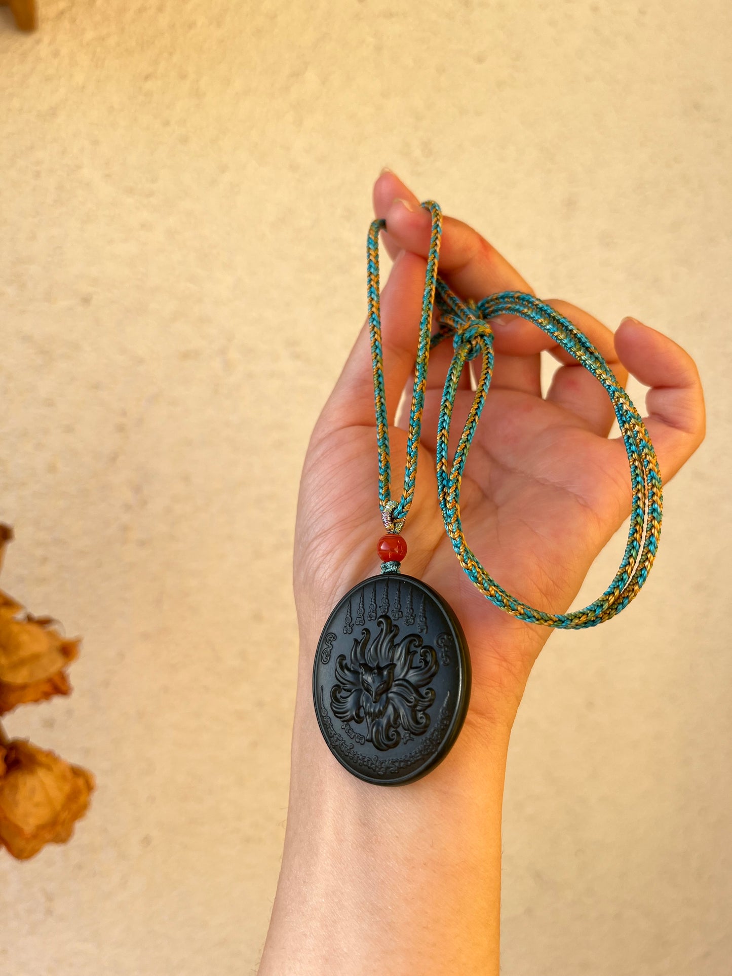 Carved Dark Cyan Hetian Jade Nine-Tailed Fox Pendant, 青玉九尾狐