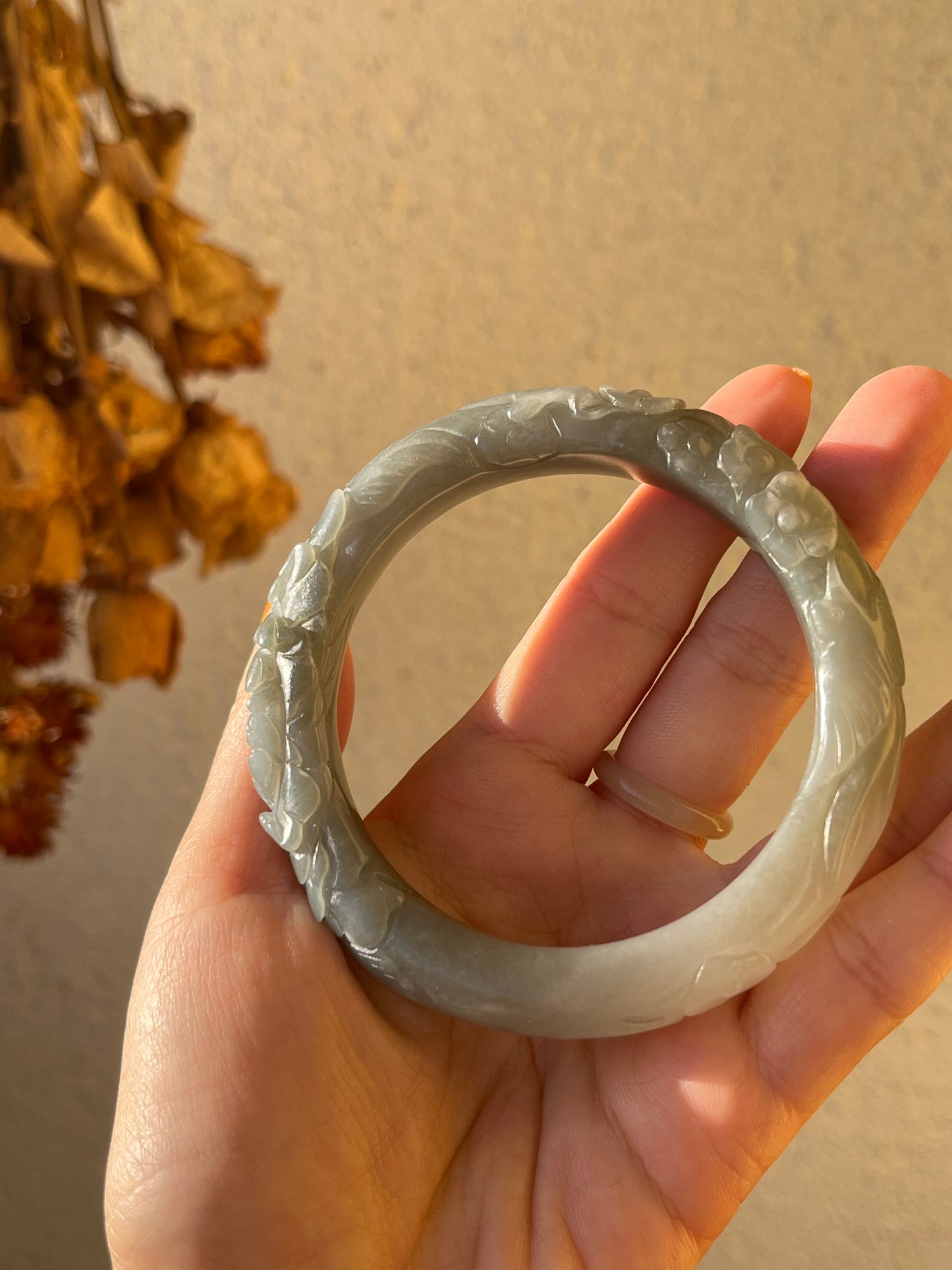 Smoky Purple Hetian Jade Carved Bangle 58mm | 和田烟紫雕花镯