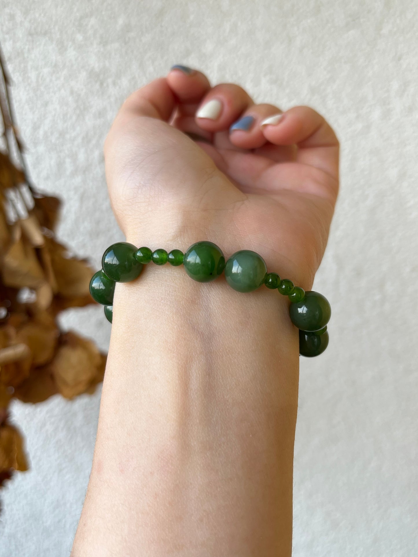 Green Hetian Jade Beaded Bracelet, 10mm & 4mm