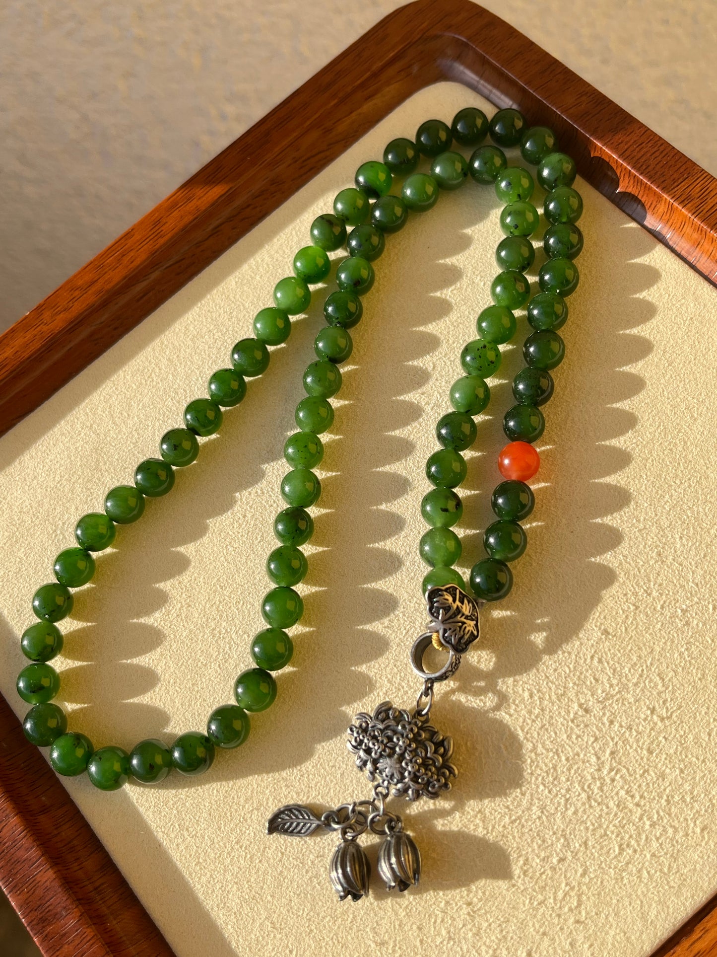 8mm Green Hetian Jade Beaded Long Necklace | 和田老矿碧玉长链