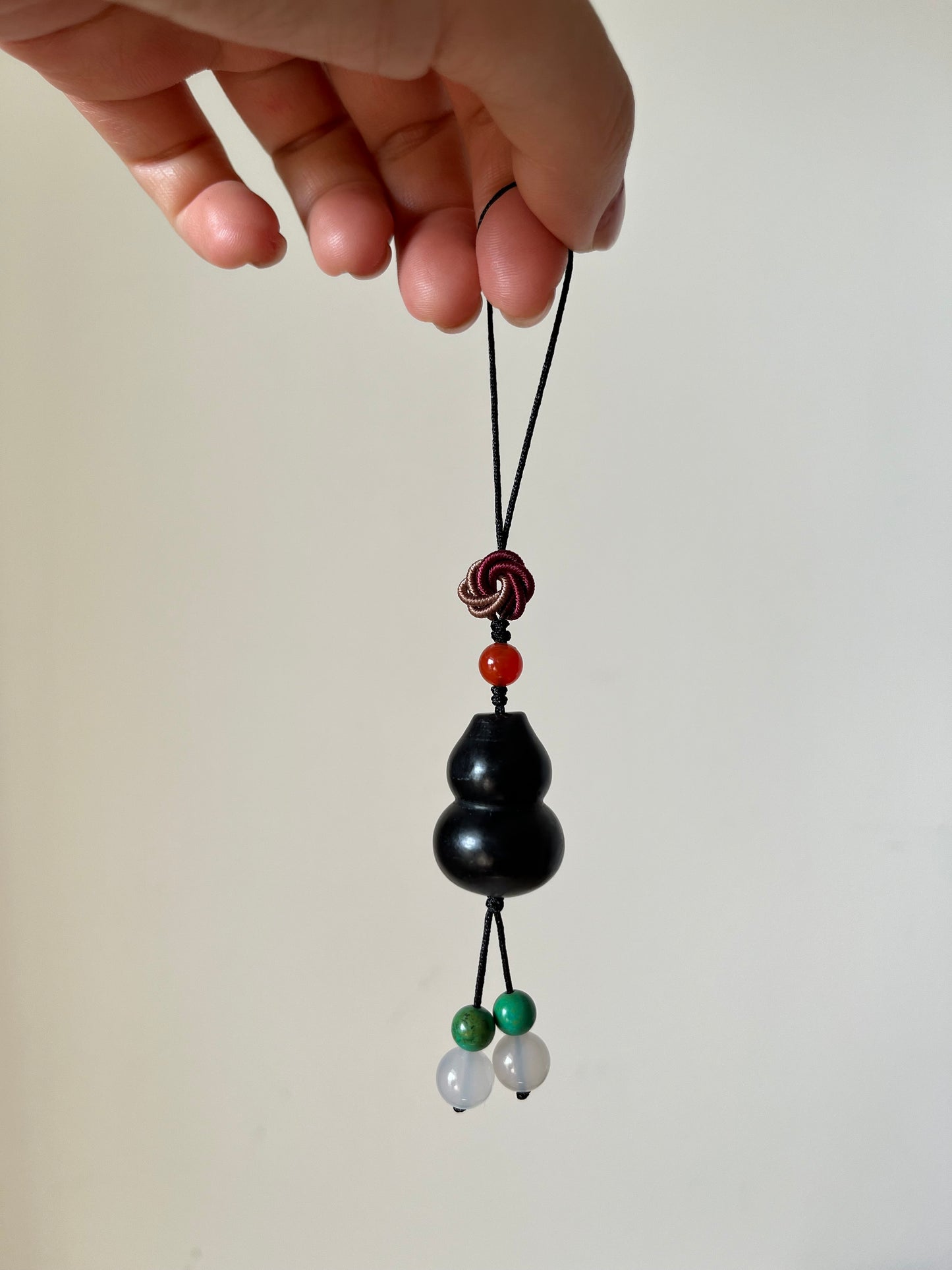 Handmade Phone Charm / Bag Charm with a Carved Black Hetian Jade Hulu