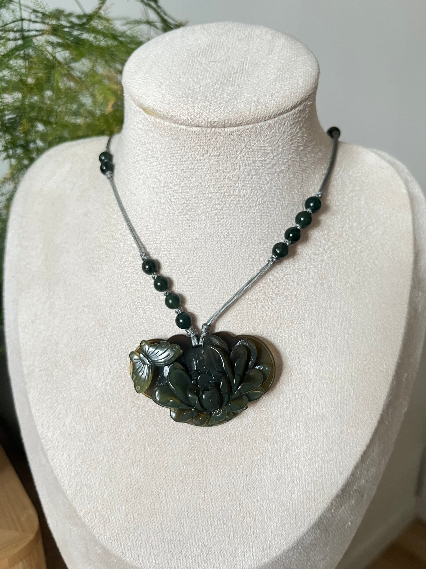 Hand Carved Tea Green Xiu Jade Peony and Butterfly Ruyi Pendant