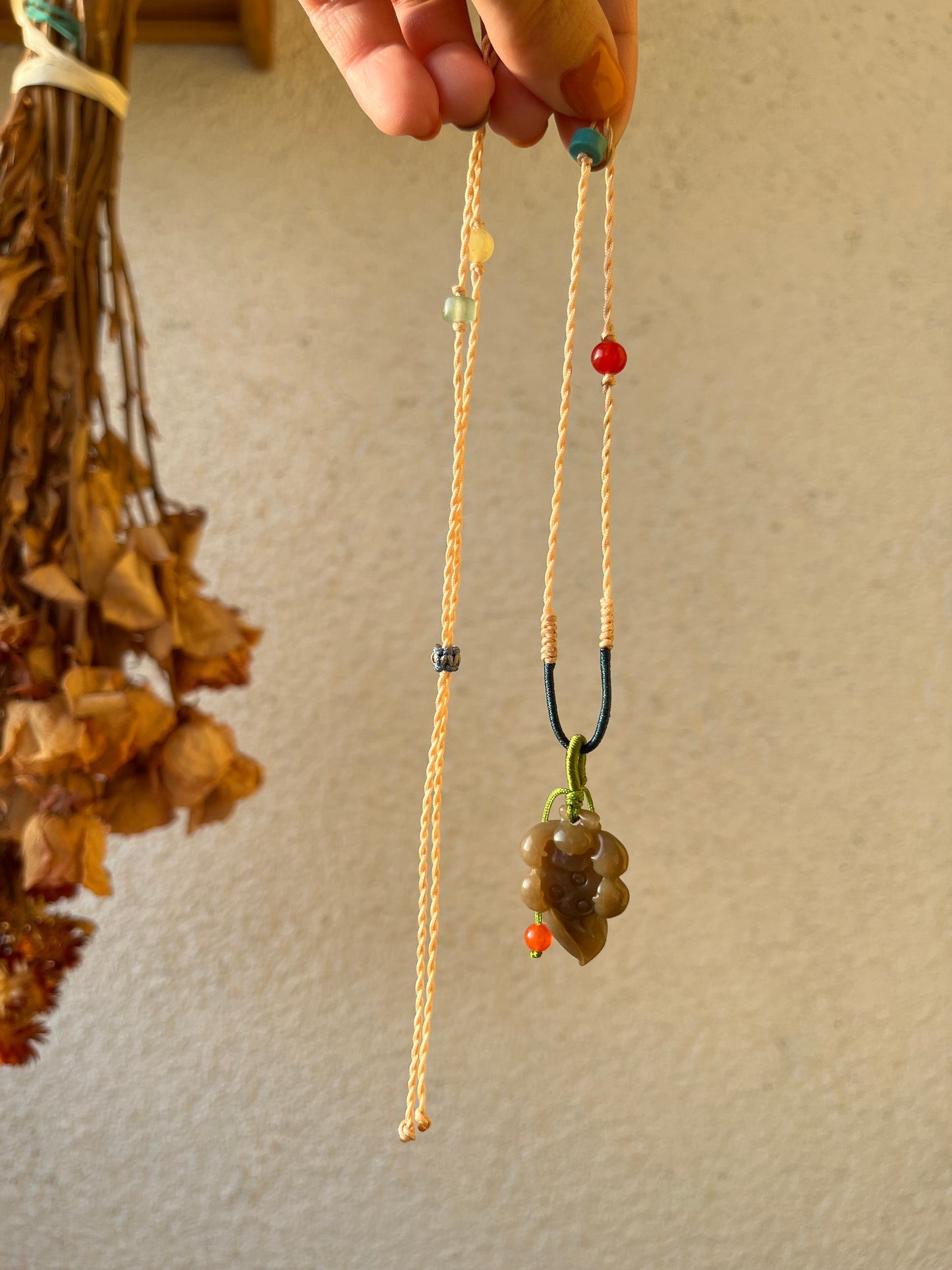 Handmade Necklace with a Hand Carved Brown Hetian Jade Lotus Flower, 手编和田玉小荷花项链