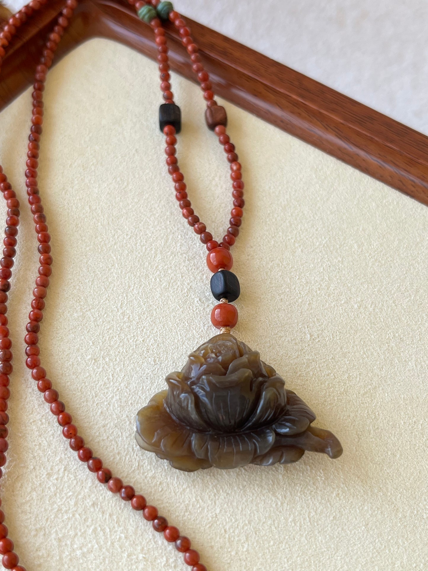 Hand Carved Brown Hetian Jade Peony Flower Pendant