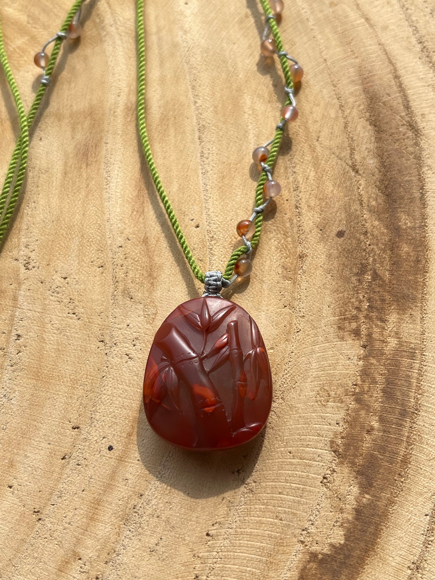 Handmade Necklace with a Hand Carved Nanhong Agate Bamboo Pendant, 手雕南红竹节