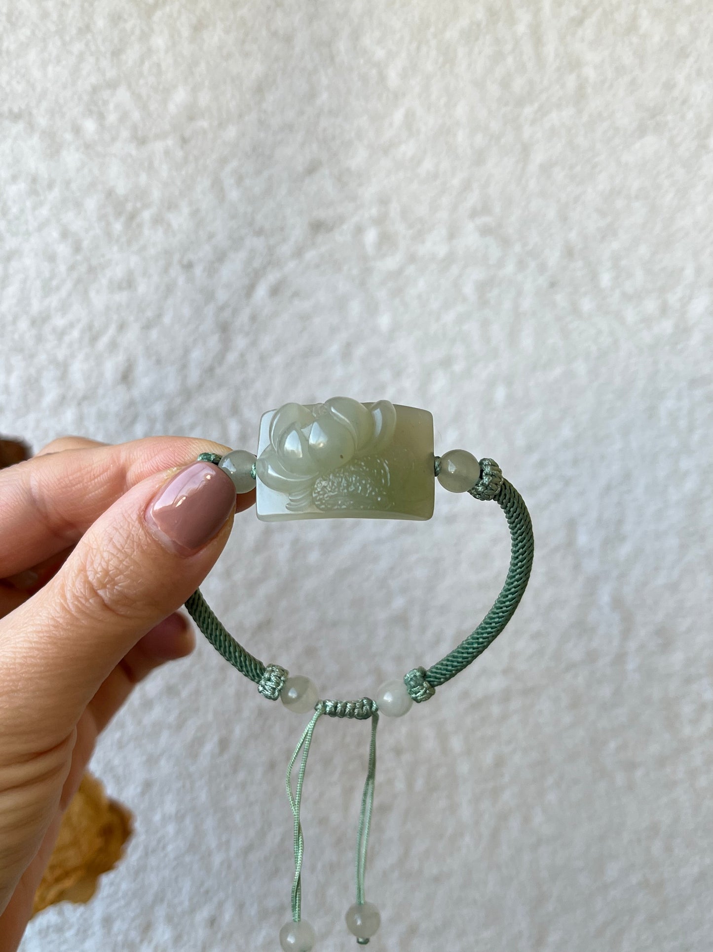 Bracelet Crafted from a Hand Carved Hetian Jade Lotus  | 和田微带翠荷花牌