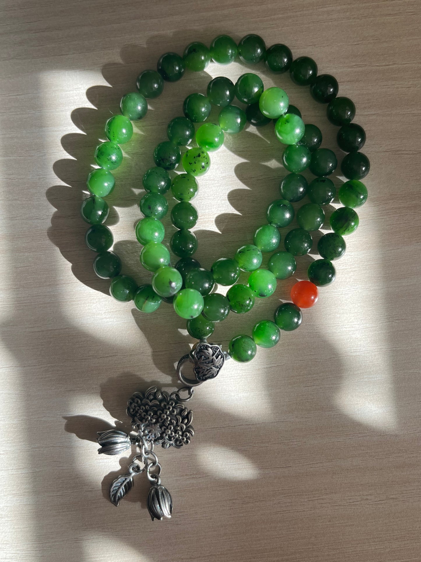 8mm Green Hetian Jade Beaded Long Necklace | 和田老矿碧玉长链