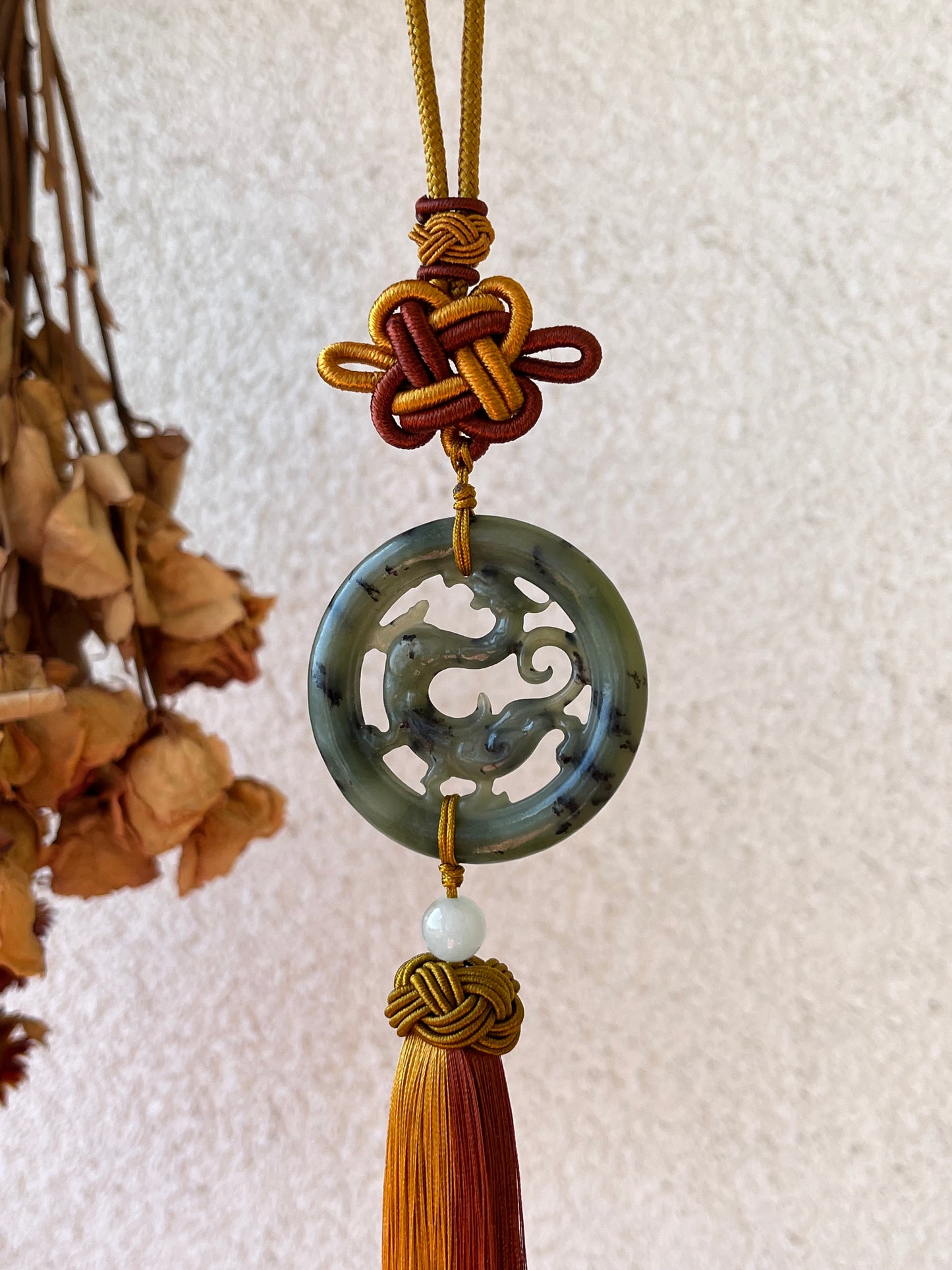 Carved Hetian Jade Chi Dragon Car Hanging,  和田青花螭龙车挂
