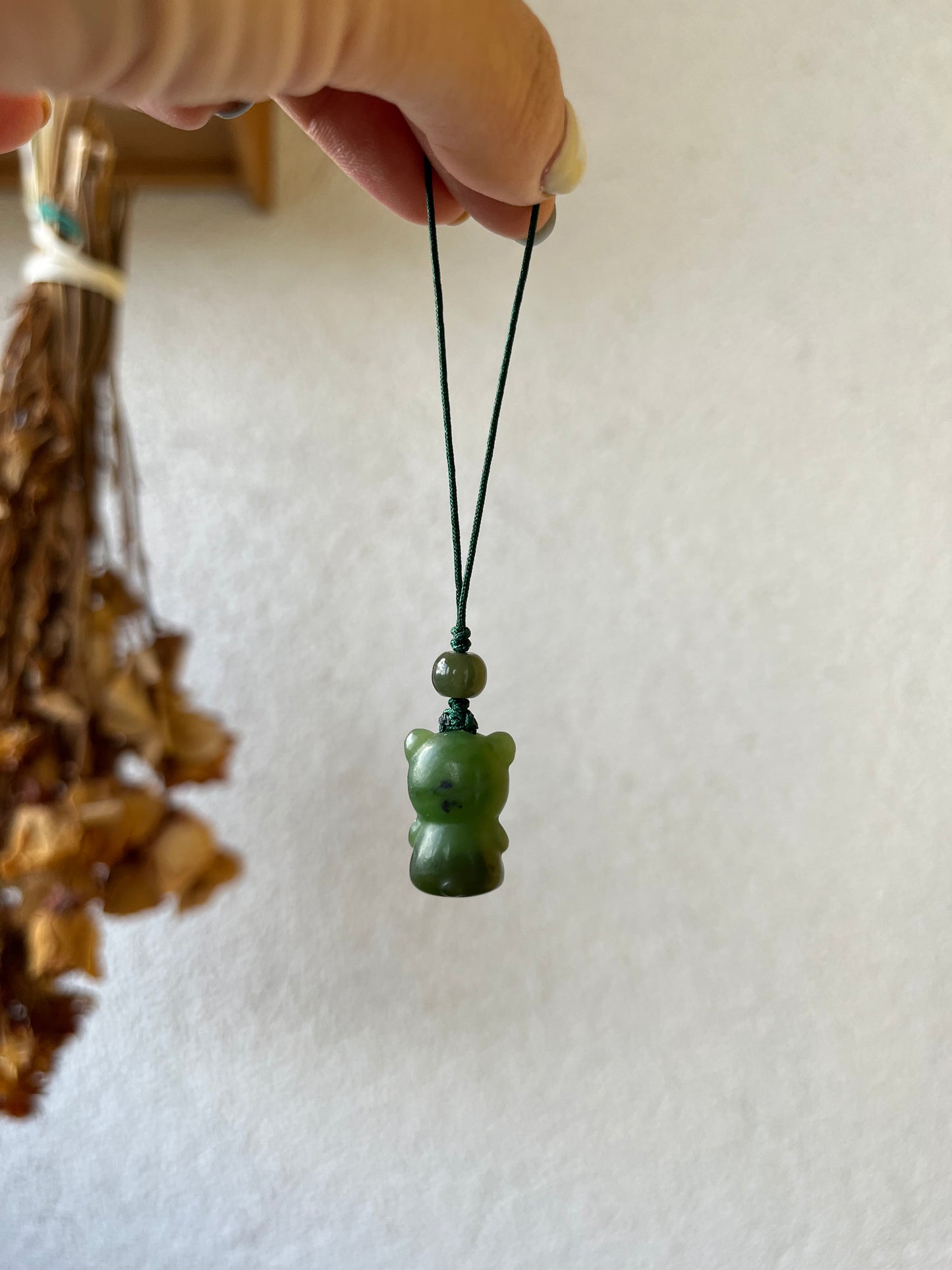 Green Hetian Jade Bear Phone Charm