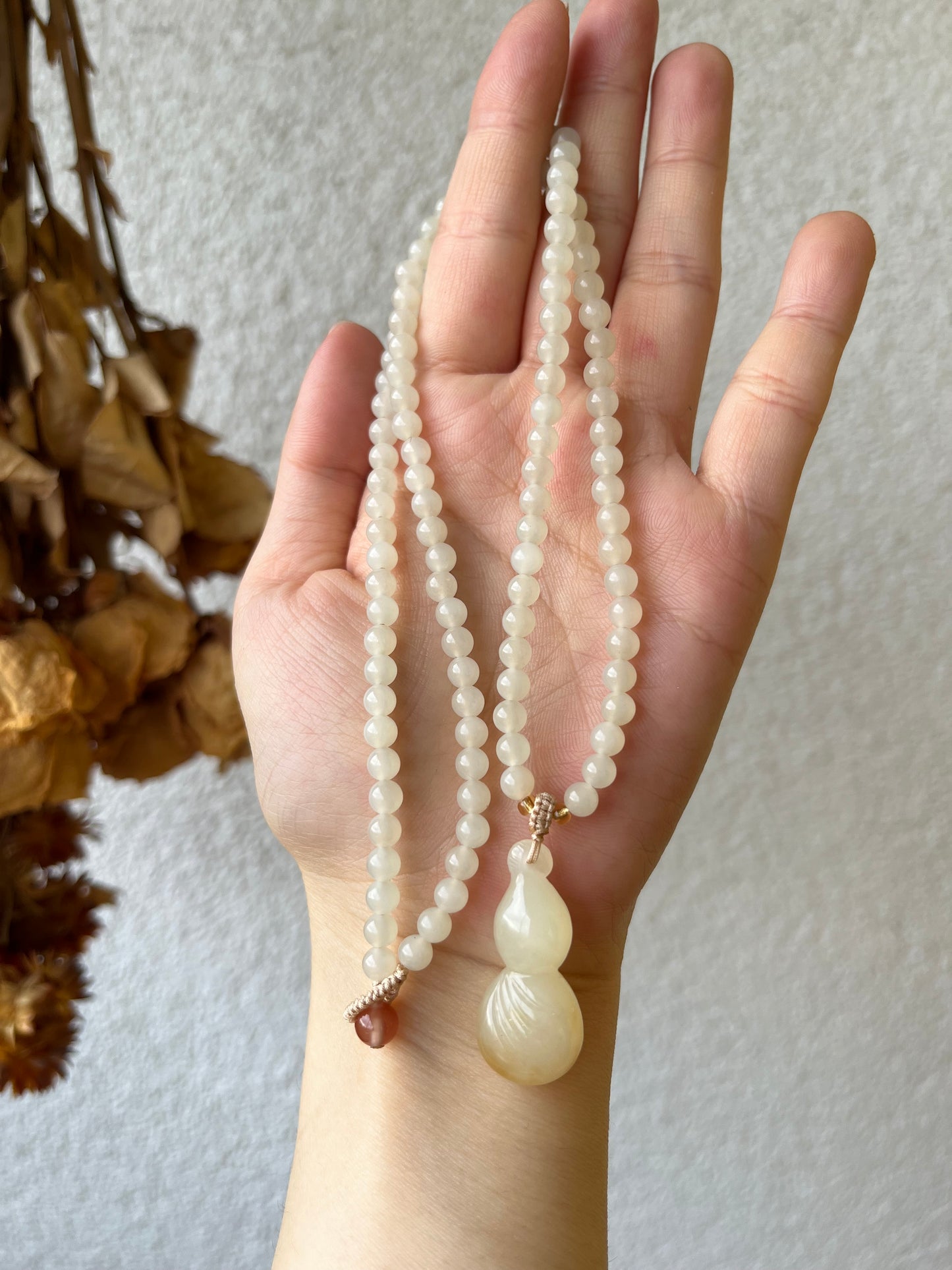 Necklace Crafted from White and Brown Hetian Jade Hulu and 5mm White Hetian Jade Beads