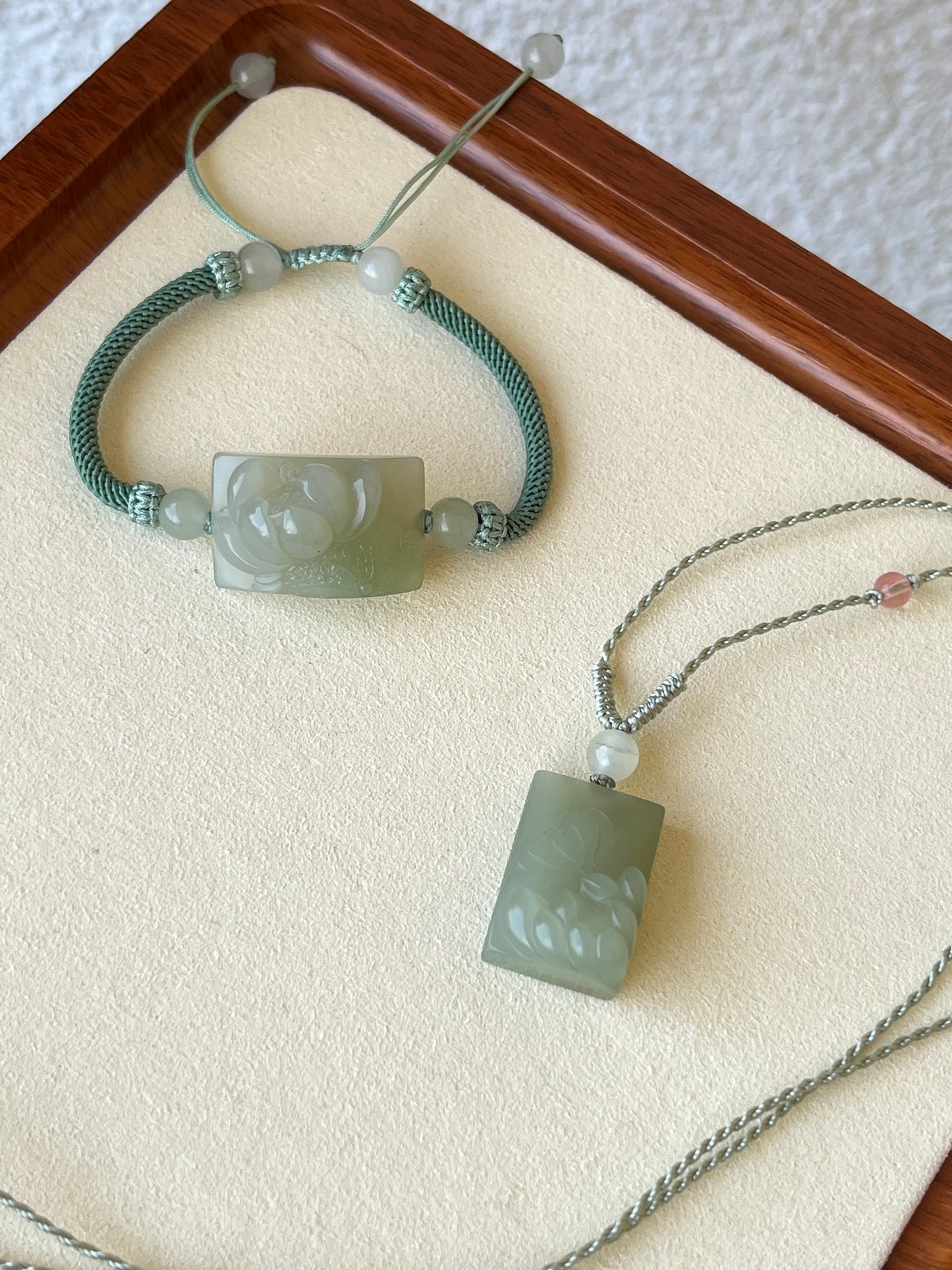 Necklace Crafted from Hand Carved Hetian Jade Lotus | 和田微带翠荷花牌