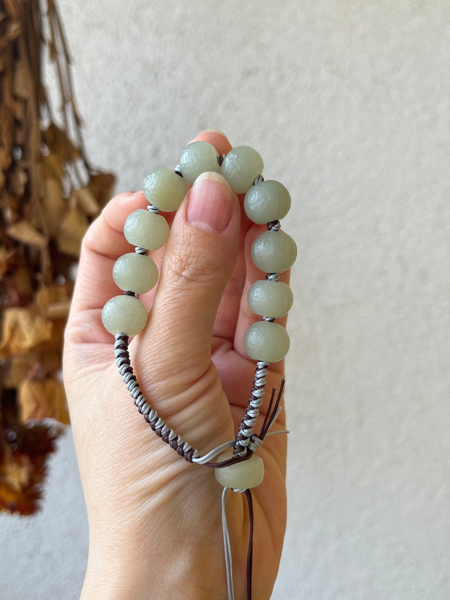 Hand-woven Bracelet with Hand Crafted Hetian Jade Beads (11mm x 9mm), 手编和田玉且末手工老光珠手绳