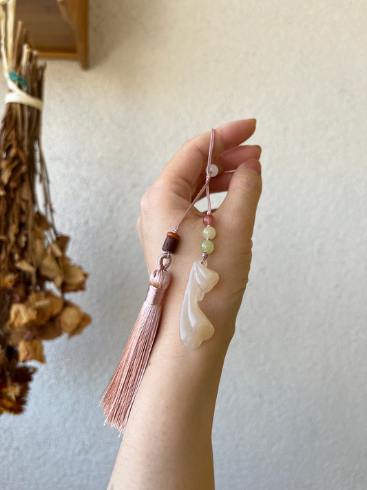 Handmade Bag Charm with A Hand Carved Pink Jade Lotus Pot, 手雕红粉和田玉莲蓬包挂