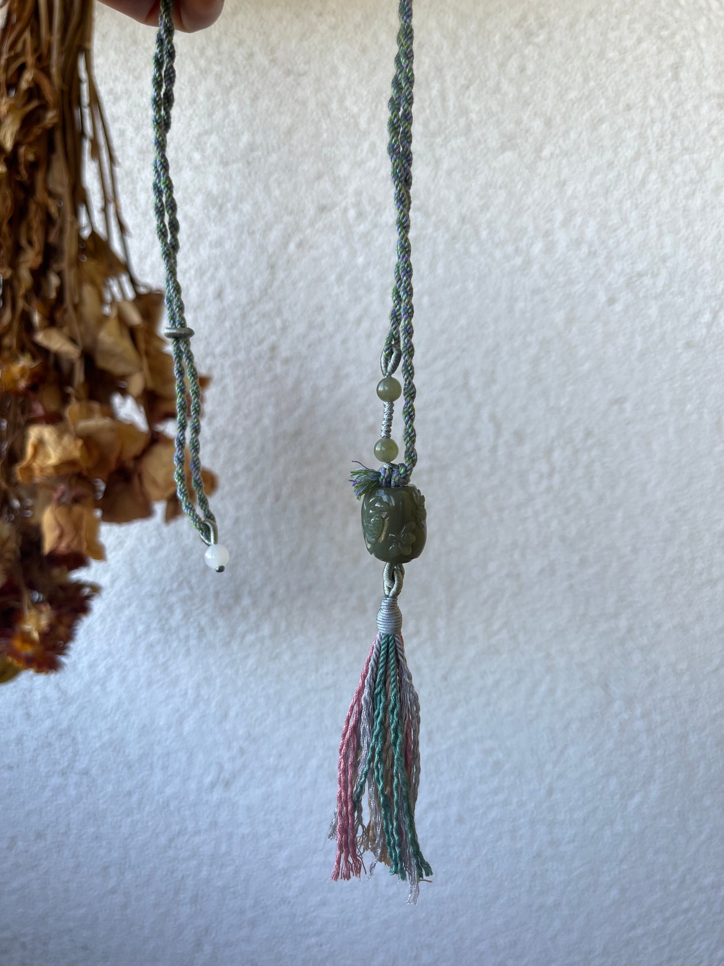 Designed Necklace with a Hand Carved Hetian Green Jade Lotus and Bird Bead, 和田手雕碧玉鸟戏荷花桶珠