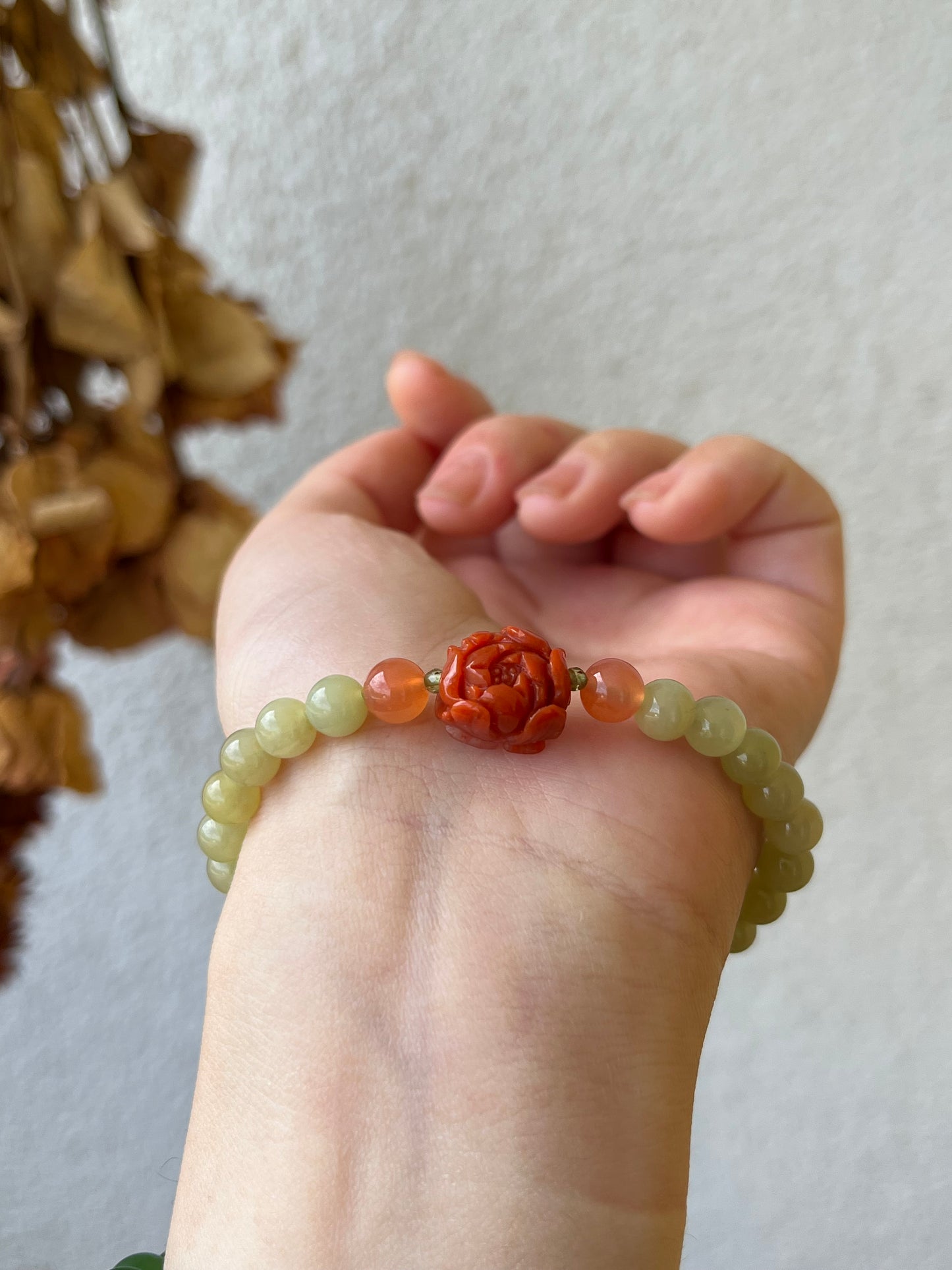 Bracelet with 6mm Hetian Jade Beads and a Nahong Agate Peony Flower