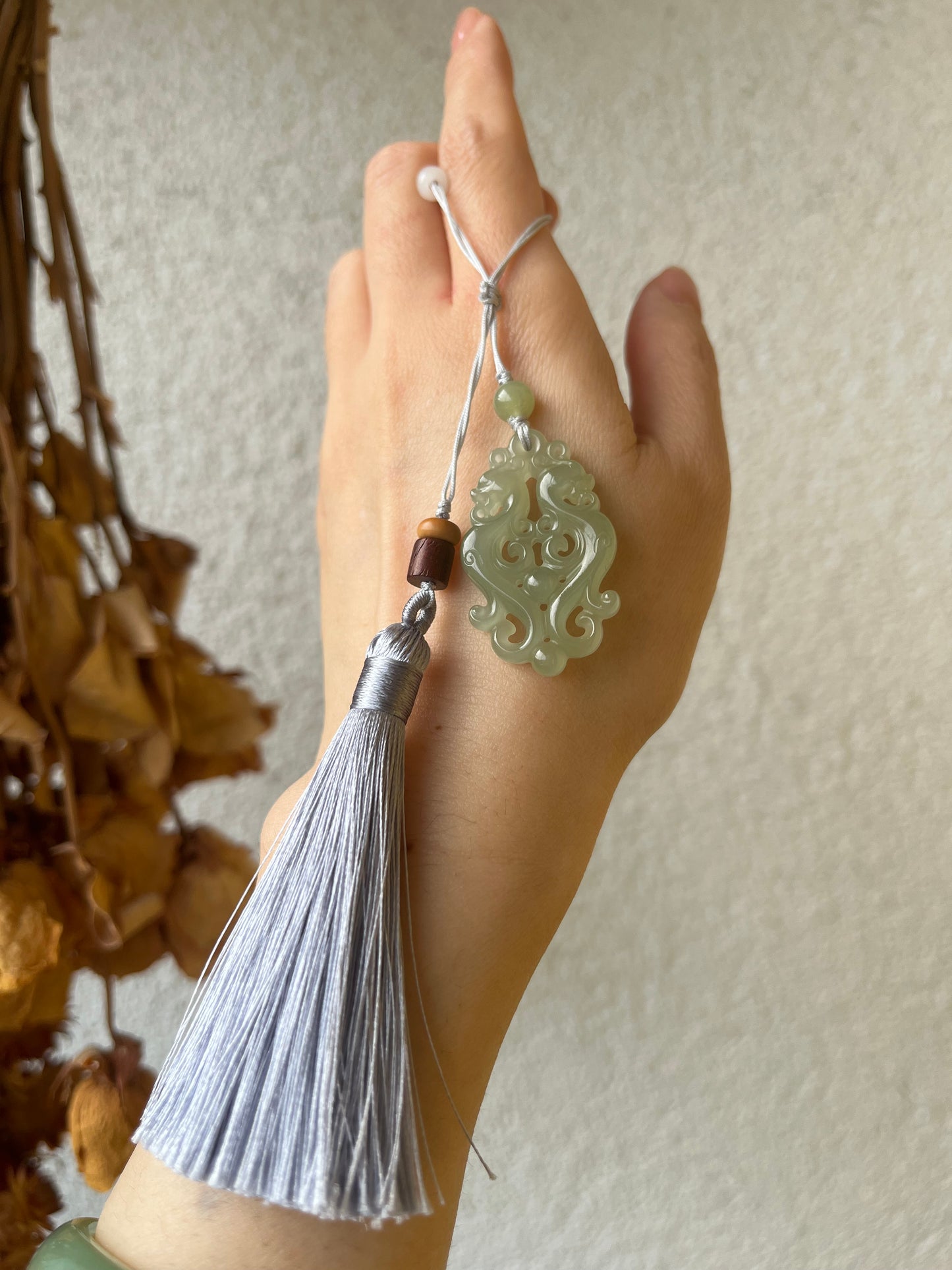 Handmade Bag Charm with a Hetian Jade Dragon and Phoenix Pendant | 和田龙凤牌包挂