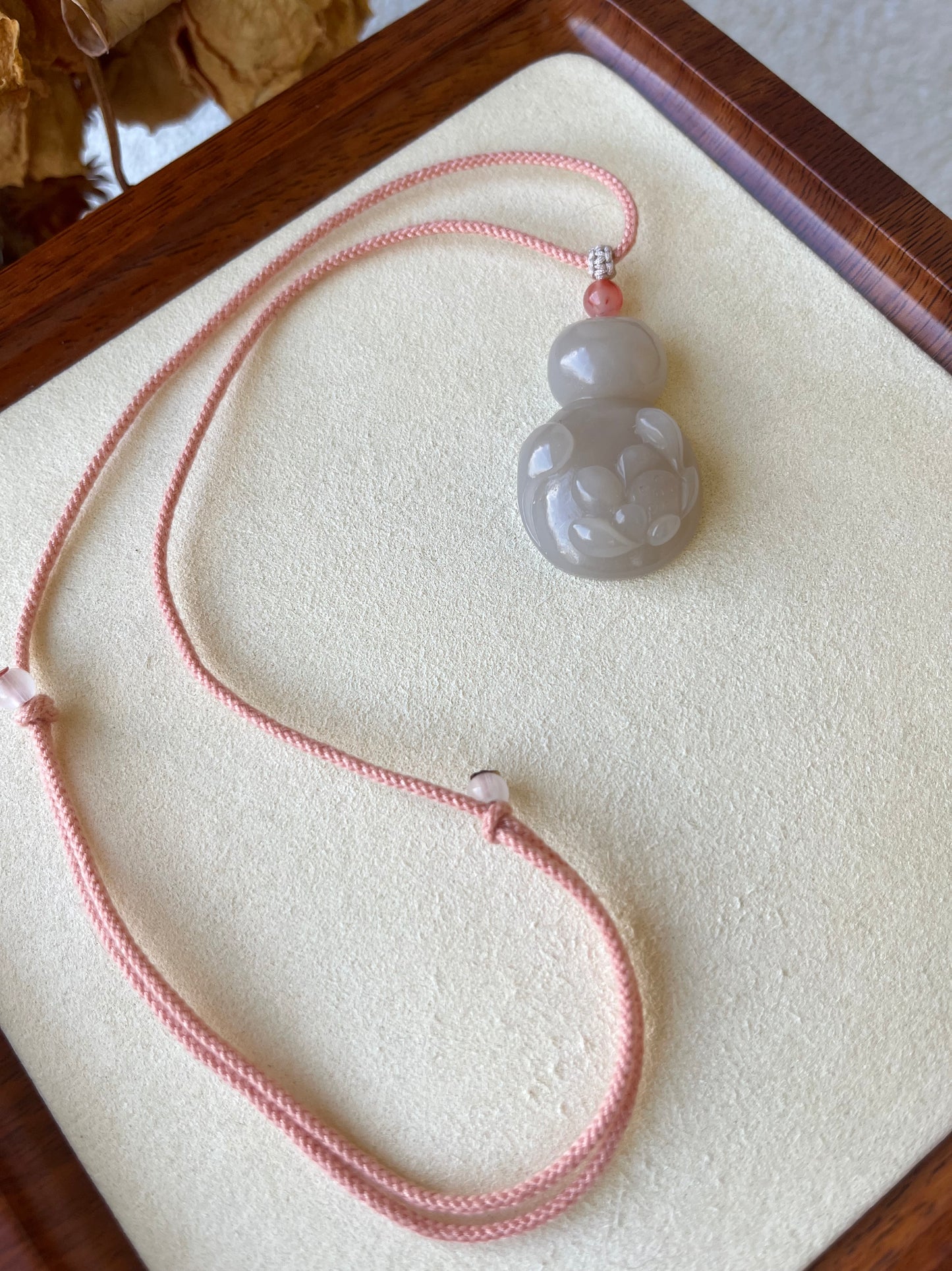 Hand Carved Dirty Pink Hetian Jade Lotus in a Cat Shape Pendant | 和田藕粉荷花猫