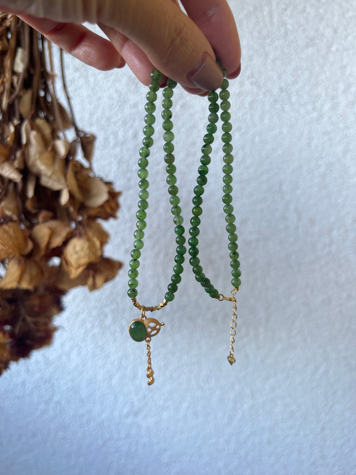 4mm Green Hetian Jade Beaded Necklace