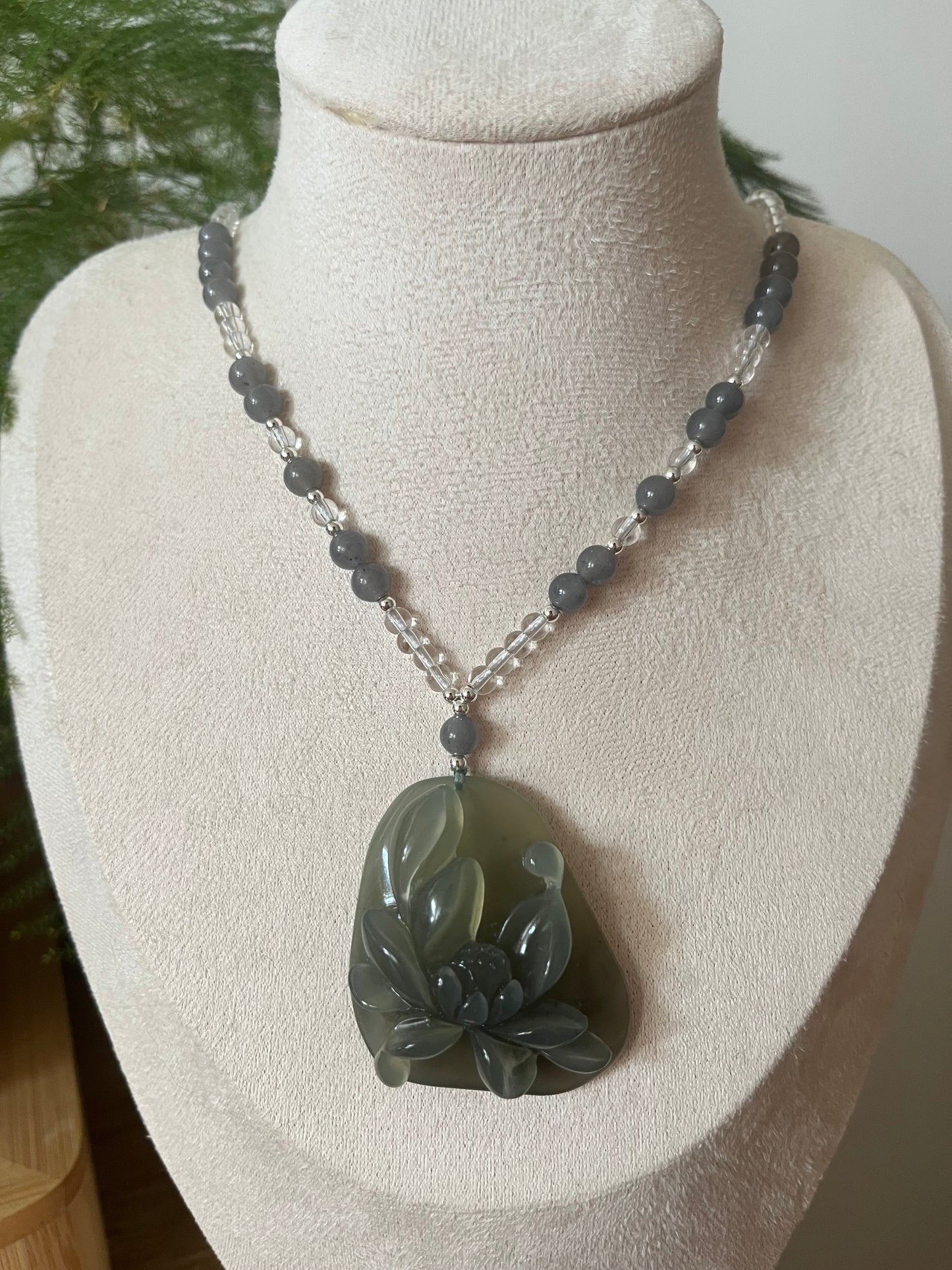Hand Carved Icy Gray Xiu Jade Lotus Necklace