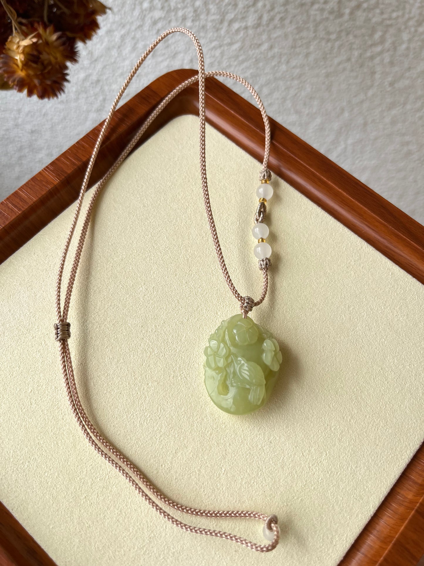 Hand Carved Yellow Hetian Jade  ‘Happiness at the Brows’ Magpie & Plum Blossom | 和田黄口喜上眉梢