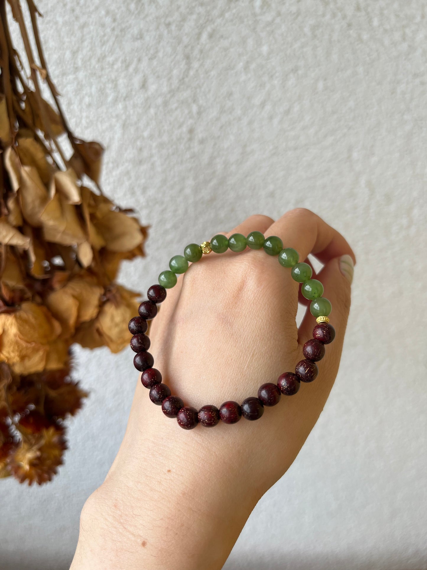 7mm Red Sandalwood and Green Hetian Jade Beaded Bracelet