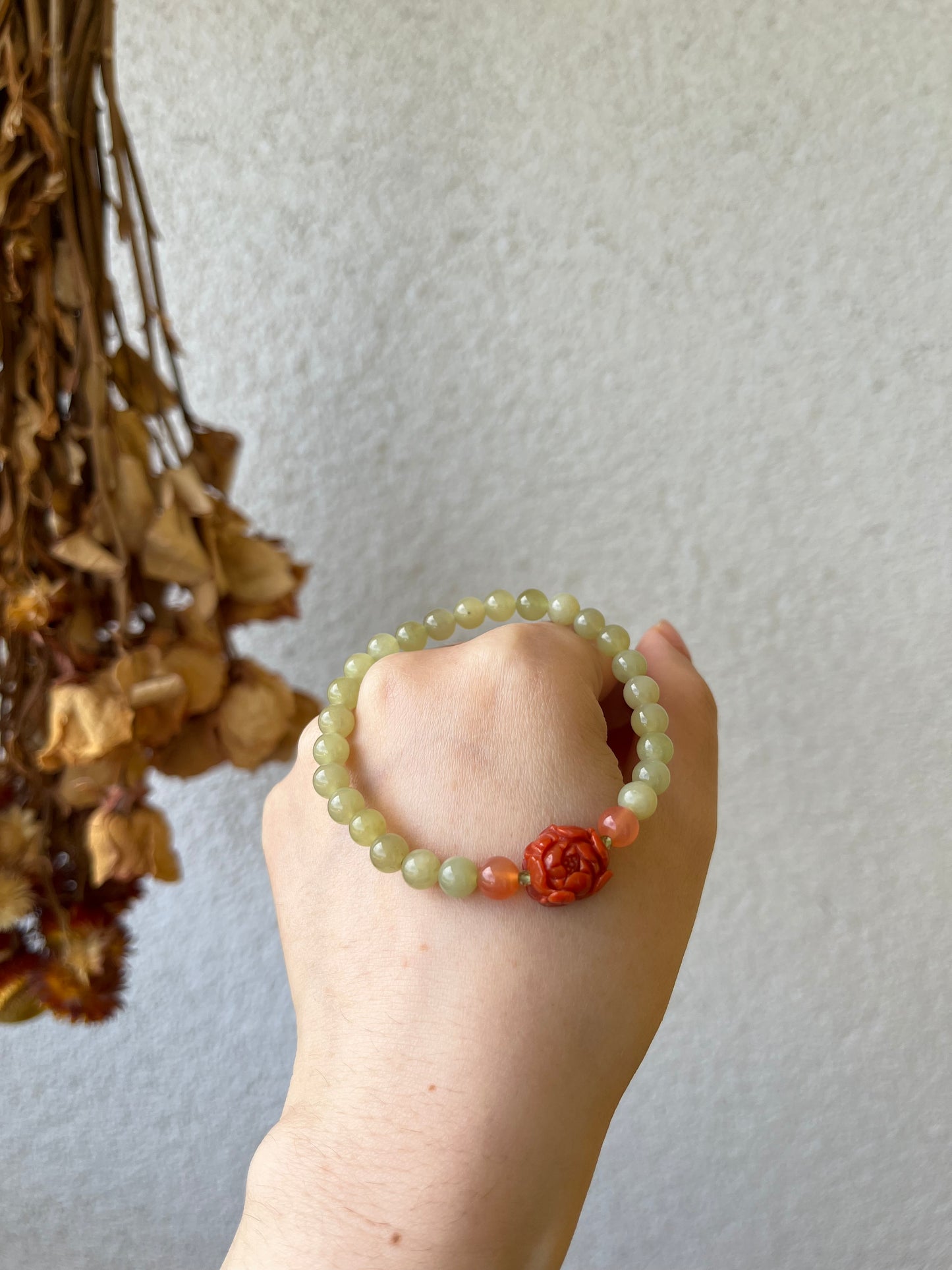 Bracelet with 6mm Hetian Jade Beads and a Nahong Agate Peony Flower