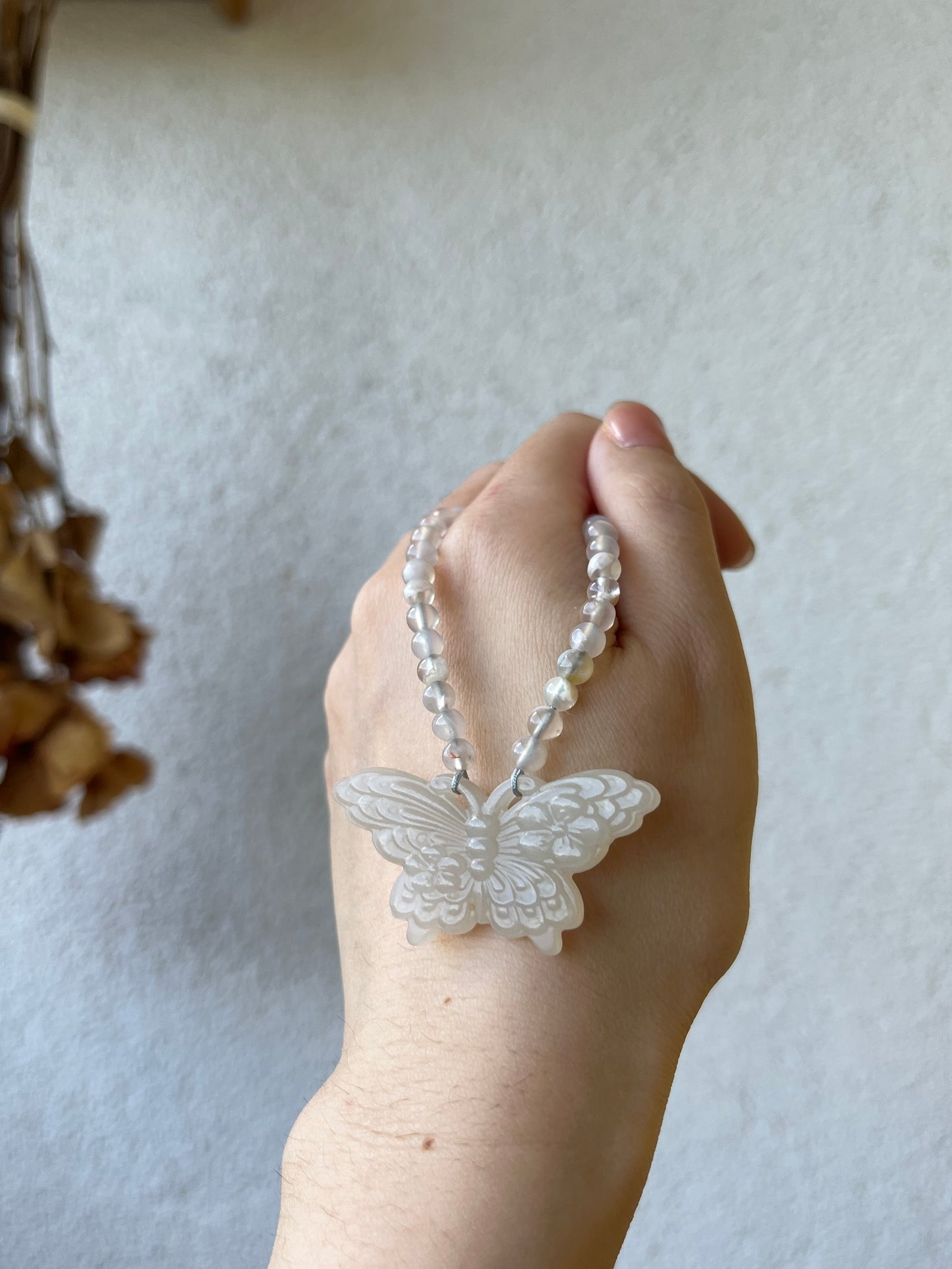 Handmade Necklace with Carved Hetian Jade Butterfly and 4mm Sakura Agate Beads