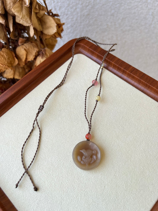 Hand Carved Brown Hetian Jade Lotus and Magpie Pendant