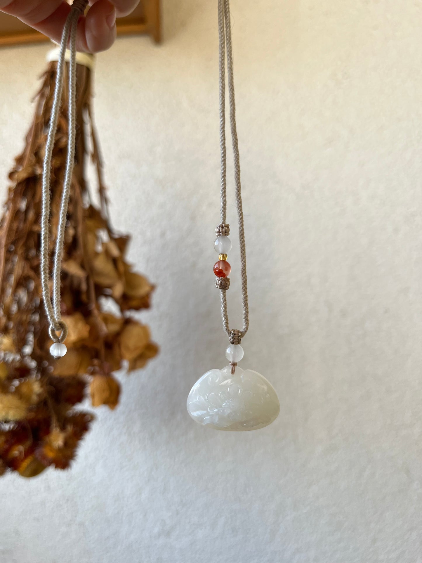 Hand Carved Hetian White Jade Peony Flower Ruyi Blessing Lock Pendant | 和田白玉牡丹如意锁