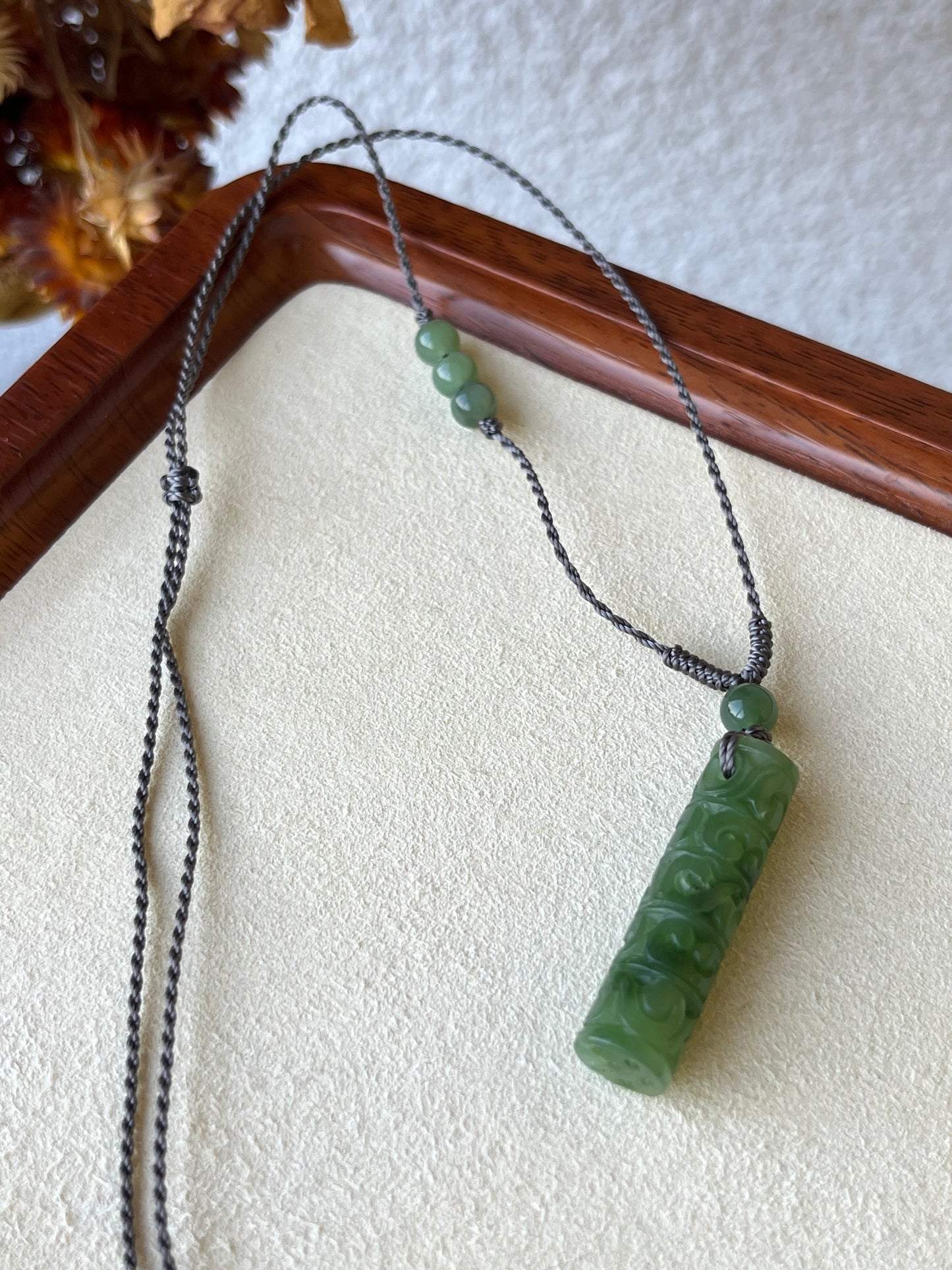 Cylindrical Green Hetian Jade Pendant Carved with Antique Pattern
