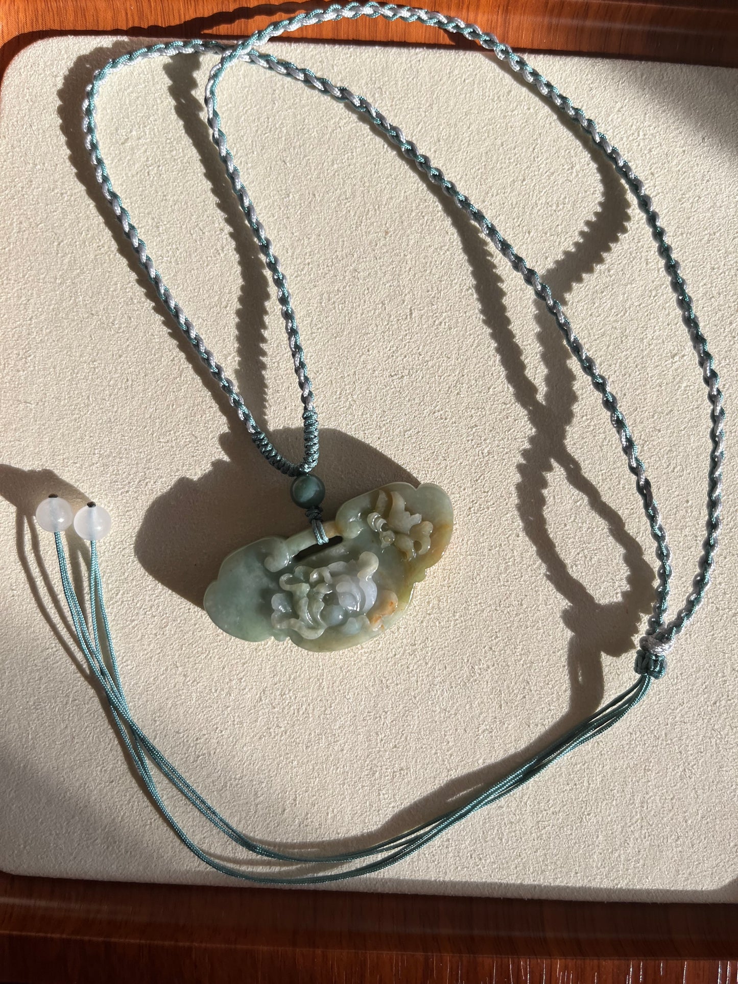 Necklace Crafted from a Hand Carved Jadeite Peony Flower Ruyi Pendant